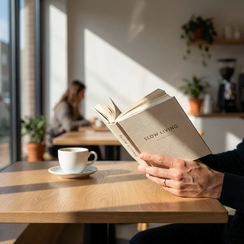 居心地の良いミニマリストなカフェのインテリアを捉えた8Kのフォトリアルなストック写真。フレームを斜めに横切る自然光の光線に照らされた、一冊の本を持つおしゃれな手が、明るい木製のテーブルと白いセラミックのコーヒーカップに力強く芸術的な影を落としている。構図はクリーンで整理されており、ネガティブスペースを強調。人の要素である手は、自然な肌の質感とプロフェッショナルなライティングで表現され、静かで集中した瞬間を伝えている。シネマティックなライティングが、ドラマチックでありながらも魅力的な雰囲気を作り出している。浅い被写界深度(f/1.8)により、背景に柔らかなボケが生まれ、遠くのカフェの雰囲気をさりげなくぼかしつつ、手、本、コーヒーカップはシャープに焦点が合っている。本の表紙、セラミック、肌には非常に詳細なテクスチャ。Unsplash/Getty Imagesスタイル、商用品質。