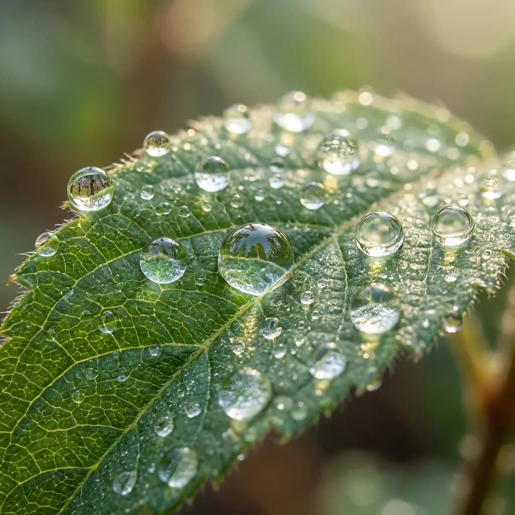 数え切れないほどのきらめく朝露のしずくをまとった、鮮やかな緑の葉のマクロ写真。それぞれの露のしずくは、環境の小さく歪んだミクロコスモスを映し出し、複雑な細部と光の屈折を見せている。葉の自然な質感、葉脈、そして繊細な毛は、信じられないほどの明瞭さで鮮明にフォーカスされている。照明は柔らかく幻想的で、葉に優しく差し込む自然な朝の太陽光を模倣し、微妙なハイライトと影を作り出している。被写界深度は極めて浅く、露のしずくには非常にシャープにピントが合っており、背景は美しくバターのような柔らかなボケに溶け込んでいる。シネマティックな照明が、水滴の透明感と完璧な球形を強調している。フォトリアル、8k、高精細、f/1.8絞り。UnsplashやGetty Imagesのような高品質な商用ストックフォト。