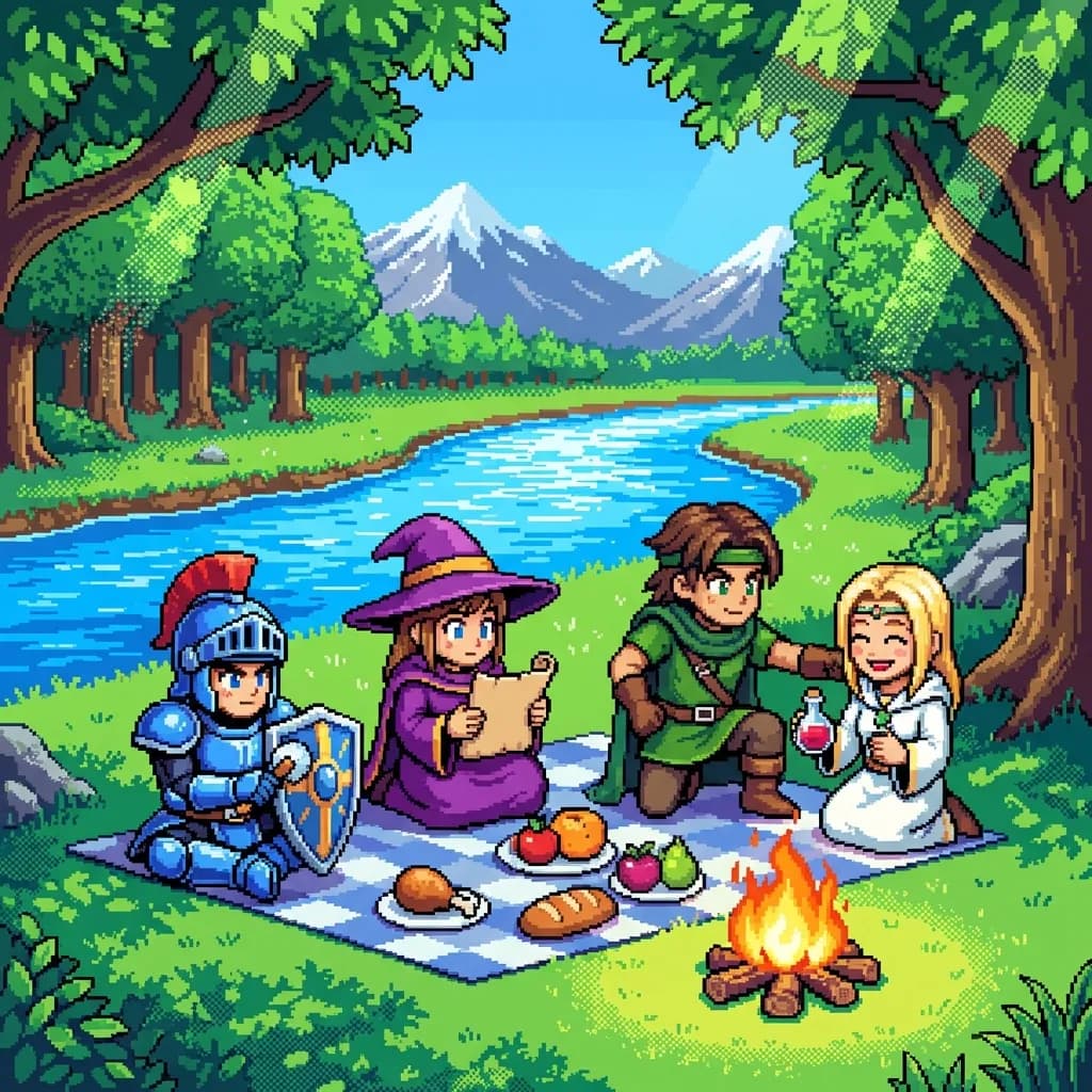 16ビットのドラゴンクエストスタイルでレンダリングされた、魅力的でレトロなRPGピクセルアートシーン。勇敢な騎士、賢い魔術師、機敏な盗賊、そして心優しいヒーラーの4人組の冒険者パーティーが、流れる川のほとりで穏やかな昼食を楽しんでいます。彼らはパチパチと音を立てる焚き火の隣のピクセル化された草の上に座り、小さな毛布にはシンプルなドット絵の食べ物が広げられています。騎士はピクセル化された盾を磨き、魔術師は巻物を調べており、盗賊は優しく微笑みながらポーションを差し出すヒーラーをふざけてつついています。背景には、鮮やかでピクセル化されたファンタジーの風景が広がっています。鮮やかな緑の木々にははっきりとしたピクセルの葉があり、きらめく青い川、そして澄み切った空の下には遠く雪をかぶったピクセルの山々が見えます。細やかなピクセルアートのカラーグラデーションとディザリングで表現された美しい木漏れ日が、葉を通して地面に降り注いでいます。構図はシネマティックで、幻想的な世界の中でパーティー全体が交流している様子が描かれています。これは非常に詳細なピクセルアートであり、4Kピクセルアートの品質で、ドット絵で表現された美しい光、シネマティックな構図、鮮やかなピクセルカラー、詳細で表情豊かなピクセルの目、16ビットです。