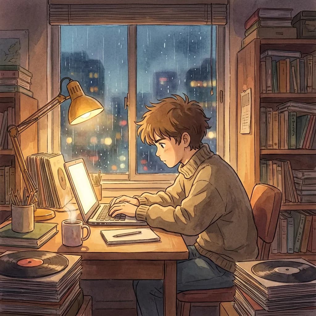 夕暮れ時、居心地が良く散らかったローファイヒップホップの勉強部屋。若い学生が木製の机に座り、光るノートパソコンの画面に柔らかく照らされながら、熱心にタイピングしている。机の横にある大きな窓には雨が降り注ぎ、外の街明かりがぼやけて、物憂げな景色を作り出している。部屋には個性があふれており、溢れる本棚、散らばったレコード、半分空のマグカップ、そしてデスクランプからの温かく柔らかい間接照明が魅力的な影を落としている。全体的な美学は、その特徴的な柔らかい色彩と温かく魅力的な雰囲気を持つスタジオジブリのスタイルを体現している。美しい照明、映画のような構図、非常に詳細なテクスチャ、4K、鮮やかな色彩、詳細な目、穏やかな雰囲気。
