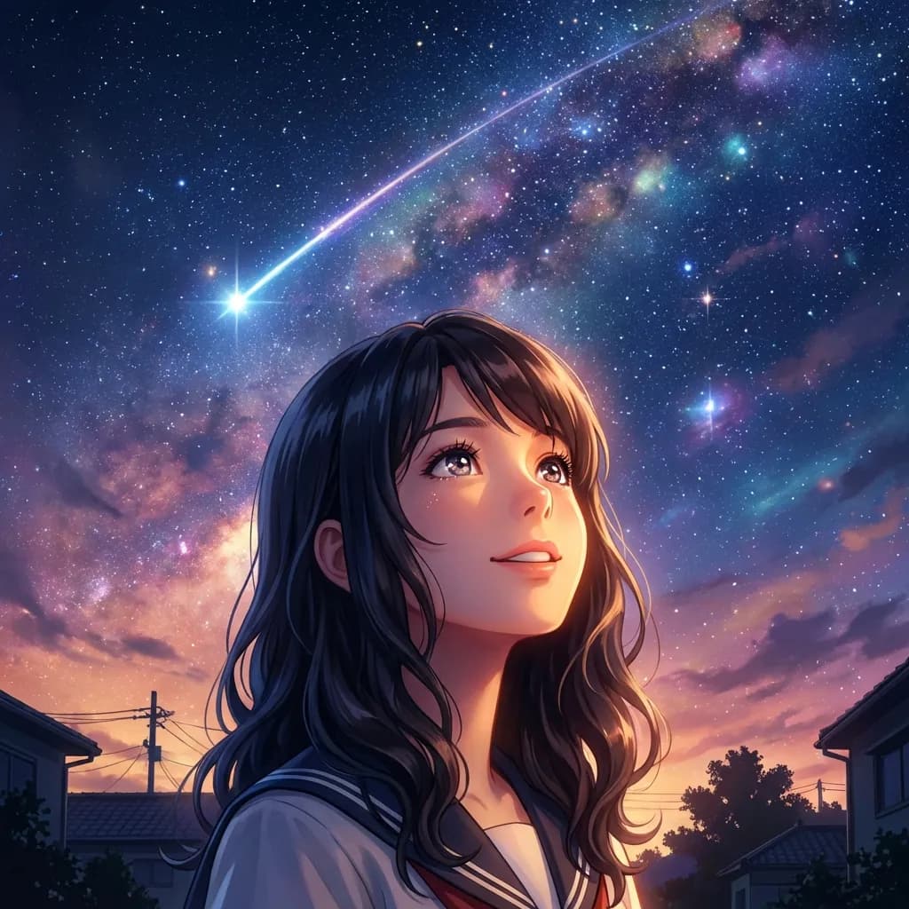 長く流れるような黒髪を持つ美しい美少女女子高生の、精緻に描かれたポートレート。彼女は驚きに満ちた表情で、輝く瞳を広大で鮮やかな星空に向け、天のキャンバスを横切るように輝く流星が尾を引いている。息をのむような新海誠スタイルで描かれたこの情景は、遠くの星雲や星座の複雑かつ高精細な背景が特徴的だ。美しい照明が星明かりによる彼女の顔の柔らかな輝きを際立たせ、鮮やかな色彩が宇宙の情景を描き出す。シネマティックな構図、4K。