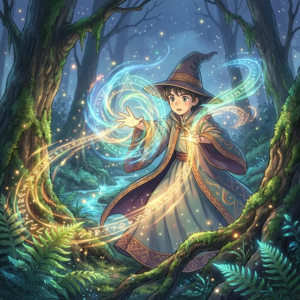 京都アニメーションスタイルで描かれた、魅惑的で神秘的な古代の森の非常に詳細な4Kデジタルイラスト。この活気に満ちたファンタジーの風景の中心で、若い魔法使いが強力な魔法の呪文を唱えている。複雑な輝くエフェクトを伴う、鮮やかで幽玄なエネルギーが彼らの手からほとばしり、周囲の密生した葉、そびえ立つ苔むした木々、そして隠れた、かすかに光る小川をダイナミックに照らしている。美しい照明が、魔法のオーラと湿った森の地面に劇的なコントラストときらめく反射を生み出している。シネマティックな構図が、ダイナミックなアクションと幽玄な雰囲気を捉え、魔法使いと息をのむような環境の両方に焦点を当てている。魔法使いの細部にわたる目は、呪文の鮮やかな色彩を映し出し、強烈な集中力で焦点が合っている。
