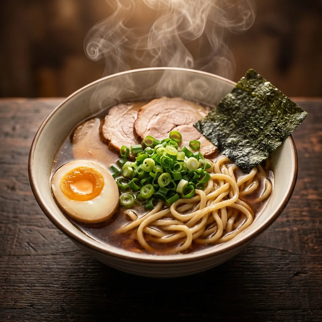 高品質のフォトリアリスティックなストック写真。職人技が光るラーメンどんぶりの真上からのクローズアップ。薄切りチャーシュー、鮮やかな黄身の半熟味玉、新鮮で鮮やかな緑のネギ、そして繊細な海苔のシートが完璧に盛り付けられている。熱々で風味豊かなスープからは、優しく、はかない湯気が優雅に立ち上り、シネマティックな照明によって美しく照らされている。柔らかく温かい頭上からの光が、立ち上る湯気と食材の濡れた表面に繊細なハイライトを生み出し、穏やかな影を落とすことで、計り知れない奥行きと質感を加えている。麺とトッピングの豊かな質感は信じられないほどシャープで、非常に精細に表現されている。F/1.8の超浅い被写界深度により、ミニマリストな背景(暗く、繊細な質感の木製テーブルが示唆されている)に贅沢で柔らかなボケを作り出し、ラーメンどんぶりが絶対的な唯一の焦点となっている。8K、フォトリアリスティック、高精細、マクロ撮影、料理にシャープな焦点、複雑なディテール、プロのフード写真、Unsplashスタイル、Getty Imagesの美学、高需要の商用利用。