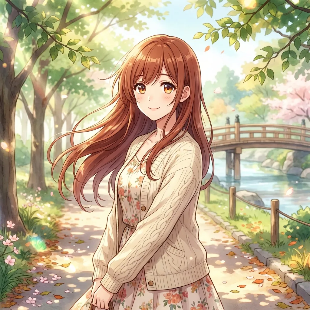 京都アニメーション風の非常に詳細な4Kイラストレーション。長く鮮やかな赤褐色の髪が風になびき優雅にたなびく美しい美少女キャラクターが描写されています。彼女は温かさに満ちた表情豊かで細部まで描かれた目と、控えめな微笑みを浮かべています。陽光が降り注ぐ公園の小道で、京都アニメーションの特徴である柔らかくクリーンな線と、鮮やかでありながら自然な色彩で描かれた、穏やかな美しさの瞬間を捉えたシーンです。美しい自然光が彼女の顔と髪を優しく照らしています。シネマティックな構図、高解像度、魅惑的な雰囲気。