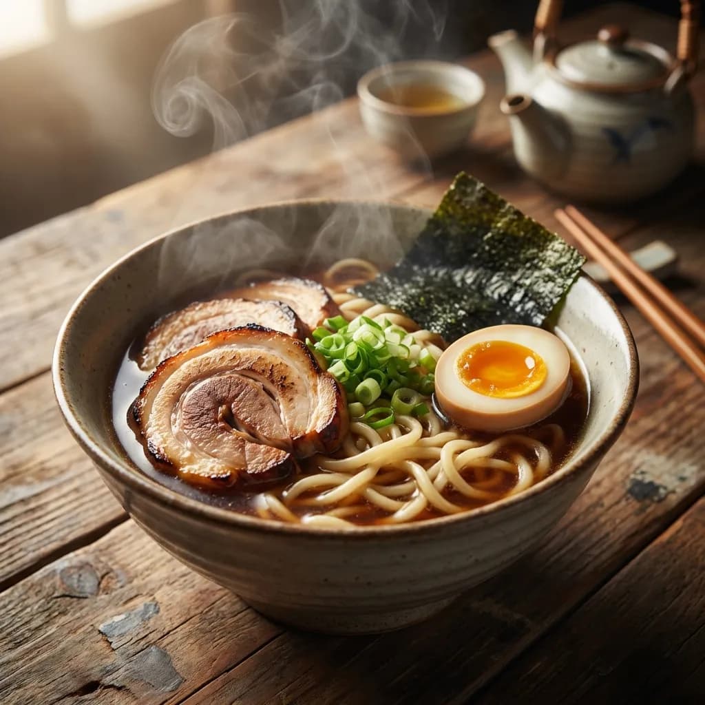 高需要の商業用8Kフォトリアルなストック写真。湯気が優しく立ち上る、こだわりの職人技が光るボリュームたっぷりのラーメンが主役。完璧に調理された麺、ジューシーなチャーシュー、濃厚なスープ、鮮やかな味玉の複雑な食感を捉えた、非常に詳細な一枚。左からの柔らかく温かい光が湯気を照らし、食材の自然な色を引き立てるシネマティックなライティング。浅い被写界深度(F1.8)により、背景には美しく柔らかなボケ効果が生まれ、素朴な木製テーブルに置かれた伝統的な陶器の茶器と箸がかすかにぼかされている。高品質なUnsplashやGetty Imagesを彷彿とさせる構図で、プロフェッショナルなライティングと主要な被写体へのシャープなピントにより、魅力的で本格的な食の体験を提示する。