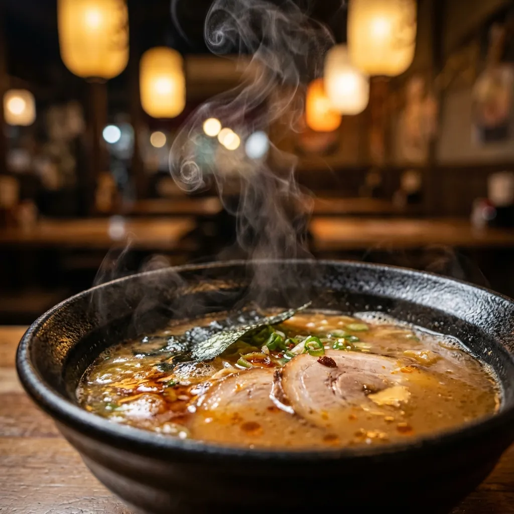 高品質なフォトリアリスティックなストック写真。湯気を立てる、色彩豊かな風味豊かなスープ(おそらくラーメンかフォー)のボウルのクローズアップ、シネマティックなマクロショットを捉えている。繊細で優雅な湯気が熱い表面からゆっくりと立ち上り、温かく魅力的な背景を背に美しく照らされている。スープは新鮮なハーブと精密にカットされた具材で丹念に飾られ、表面のすぐ下に見えるその複雑なディテールを披露している。構図は、ボウルの縁と立ち上る湯気にシャープに焦点を当てたタイトなローアングルショットで、背景にはf/1.8の浅い被写界深度による豪華なソフトボケ効果が作り出されている。シネマティックなライティングが湯気とスープのきらめく質感を強調し、微妙な逆光が温かい雰囲気を一層引き立てている。8K、高精細、プロの料理写真、自然な色、Unsplash | Getty Imagesスタイル。