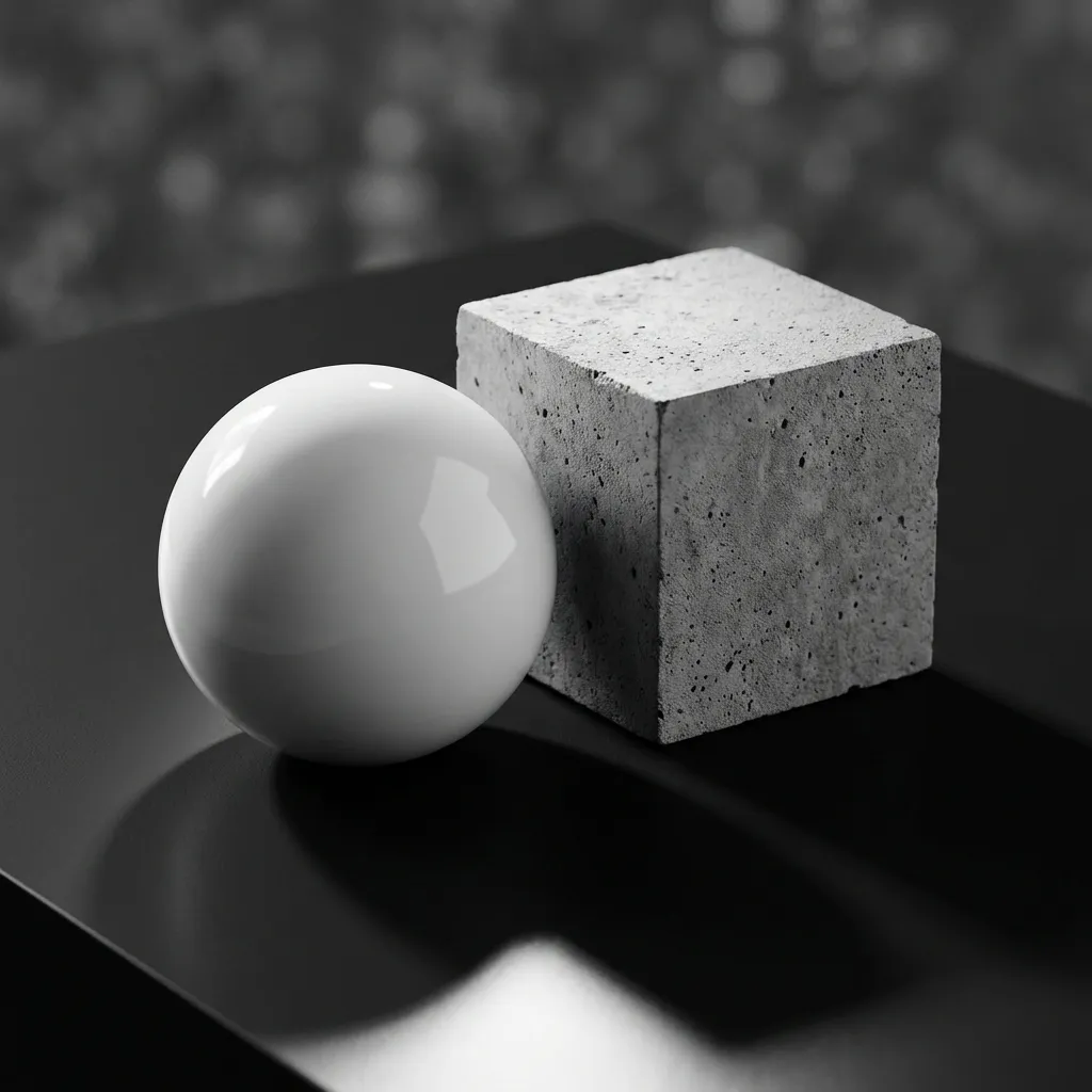 高品質なフォトリアリスティックなストックフォト。微細に対照的なマットブラックの表面上に、無垢で滑らかな白い球体が、粗く質感のある灰色のコンクリートキューブの隣に巧みに配置された、抽象的でミニマリストな静物画を捉えています。構図はクリーンで正確であり、形状、素材、そしてネガティブスペースの劇的な相互作用を強調しています。鋭いローアングルからの単一の強力なシネマティックライティングは、信じられないほど強く、長く、幾何学的な影を落とし、シーンを特徴づけ、表面全体に深遠な奥行きと視覚的な緊張感を生み出しています。球体とキューブの両方に非常にシャープな焦点が維持され、それぞれの質感の複雑なディテール、すなわち球体上の完璧な反射とコンクリートの微細な不完全さが明らかにされています。焦点面のすぐ外側の領域は、繊細で柔らかなボケ(f/1.8)に優しくぼやけ、主要な被写体の芸術的な孤立感を高めています。この画像はUnsplashやGetty Imagesの美学に合わせてスタイリングされており、現代的な洗練さと商業的な魅力を醸し出しています。8k、フォトリアリスティック、高精細、マクロ撮影、シャープフォーカス、複雑なディテール、シネマティックライティング、被写界深度、f/1.8、ソフトボケ。