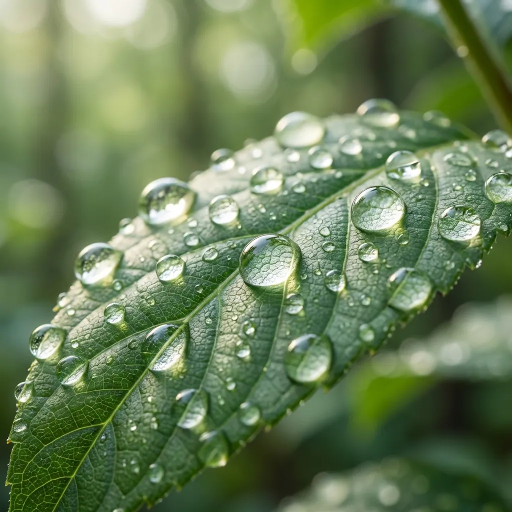 葉の鮮やかな緑の表面に付着した、澄み切った朝露の滴のマクロ撮影。それぞれの球状の水滴はシャープにピントが合っており、精巧な細部を見せ、小さなレンズとして機能し、微かにぼやけた背景を映し出している。葉の自然な葉脈と繊細な質感は非常によく見える。柔らかく、幻想的なシネマティックな照明がシーンを照らし、露の滴の縁を捉え、輝くような光を創り出している。極めて浅い被写界深度(f/1.8)により、ピンボケした緑の葉の美しく柔らかいボケの背景が生まれている。フォトリアリスティック、8K、高精細、滴にシャープなピント、精密なディテール、Unsplashの写真、Getty Imagesスタイル。