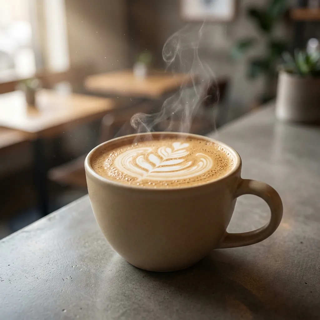 滑らかに磨かれたコンクリート表面に置かれた、ミニマリストで湯気の立つセラミックマグのフォトリアリスティックなクローズアップマクロ写真。マグには繊細なラテアートが施されている。温かい飲み物からは優しく幻想的な湯気が優雅に立ち上り、横から当たる柔らかく拡散されたシネマティックな光を美しく捉えている。泡アートの繊細なディテールと湯気の筋にフォーカスは極めてシャープで、微細なマイクロバブルも見える。背景は、微妙なニュートラルカラーの柔らかく魅力的なボケにぼかされている。f/1.8の単焦点レンズで撮影され、被写界深度は極めて浅い。8K、超高精細、プロフェッショナルなライティング、繊細なディテール、シャープなフォーカス、商業品質、Unsplashスタイル、Getty Imagesの美学。