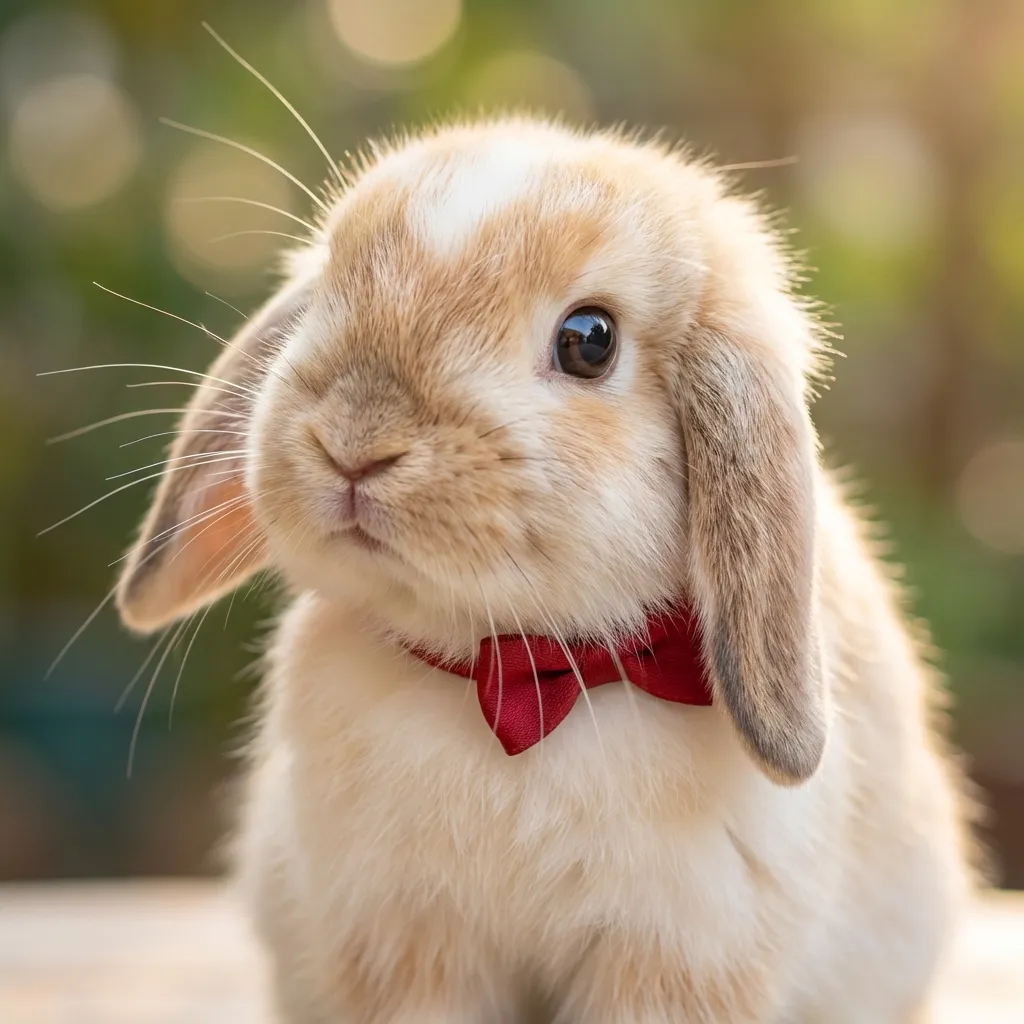 高精細な8Kクローズアップのフォトリアルなスタイルの画像で、愛らしい、ふわふわのホーランドロップうさぎが写っています。その可愛いウサギは、小さくて魅力的な赤いリボンを首につけて、好奇心から首をかしげ、大きな丸い目で少しカメラから外れた方向を見ています。柔らかな光がシーン全体を包み込み、その毛の一本一本を際立たせ、温かく魅力的な雰囲気を作り出しています。美しいボケ効果が背景をぼかし、ふわふわの被写体を際立たせています。全体的な印象は、計り知れないほどの可愛らしさと高品質な動物写真です。