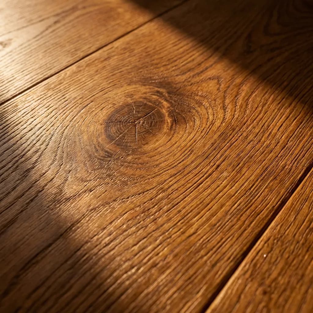 暖かく詳細なクローズアップで、木製フローリングの豊かな質感を持つ表面が映し出されています。黄金色の茶色が主体で、自然な木目と、中央付近にある同心円状の模様と細かなひび割れを持つ特徴的な節が際立っています。柔らかい斜めの影が木材の手触り感を高め、奥行きと素朴な魅力を作り出しています。