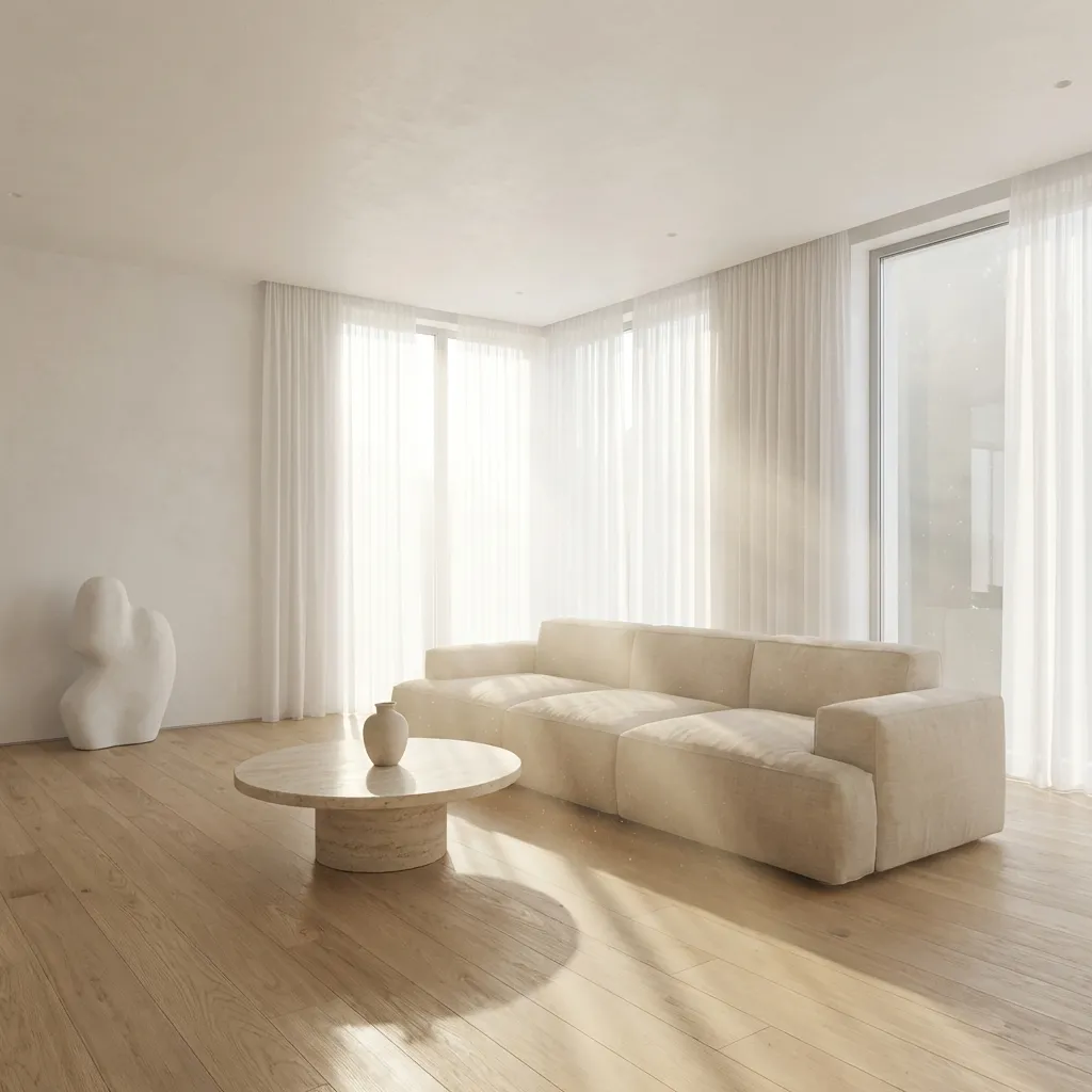 【建築】明るくハイキーなモダンミニマリストのリビングルームを広角で撮影。薄手の白いカーテン越しに劇的に差し込む朝日が、風通しの良い空間を貫く、目に見える埃っぽいゴッドレイを生み出している。そのまばゆい光は、真っ白な壁を照らし、漆喰の微細なマットな質感を際立たせるとともに、自然な無垢材のフローリングと美しく呼応し、その一つ一つの木目を驚くほどの明瞭さで現わしている。ベージュのソファの滑らかで魅力的な生地の上には、写実的な反射が柔らかく浮かび上がり、その繊細な質感とフォルムを強調している。この空間は、清潔感のあるハイキーな温かみに満ちている。人物は不在。インテリアデザイン雑誌のような雰囲気、アーキテクチュラル・ダイジェストスタイル、8K、高精細、フォトリアリスティックなレンダリング、Unreal Engine 5、V-Ray。