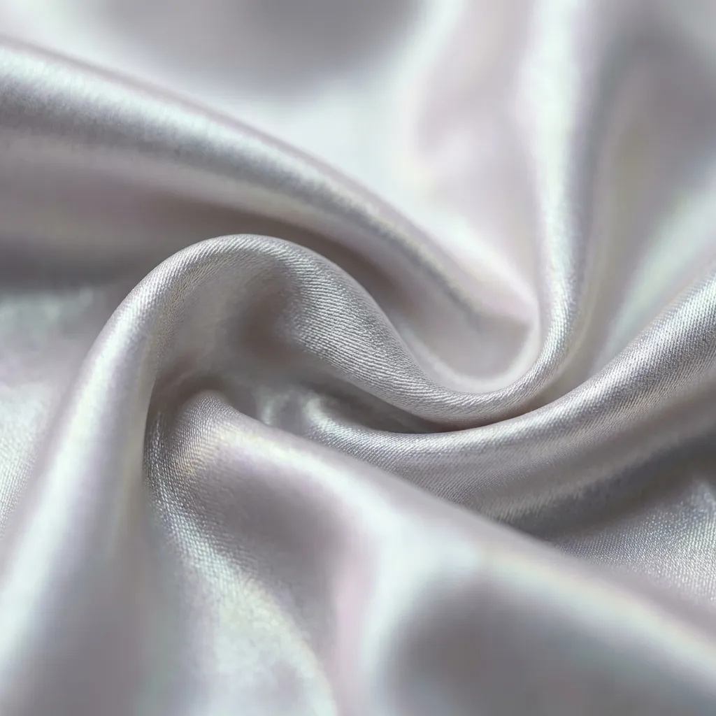 きらめく銀白色のサテンまたはシルク生地が贅沢に折り重なったクローズアップ画像です。滑らかな素材は優雅にドレープされ、柔らかな曲線と繊細な陰影が、その光沢のある質感と織り目を際立たせています。生地の艶やかな表面には、淡いピンクやブルーのような玉虫色のパステルカラーがかすかに反射し、優雅で幻想的な雰囲気を醸し出しています。