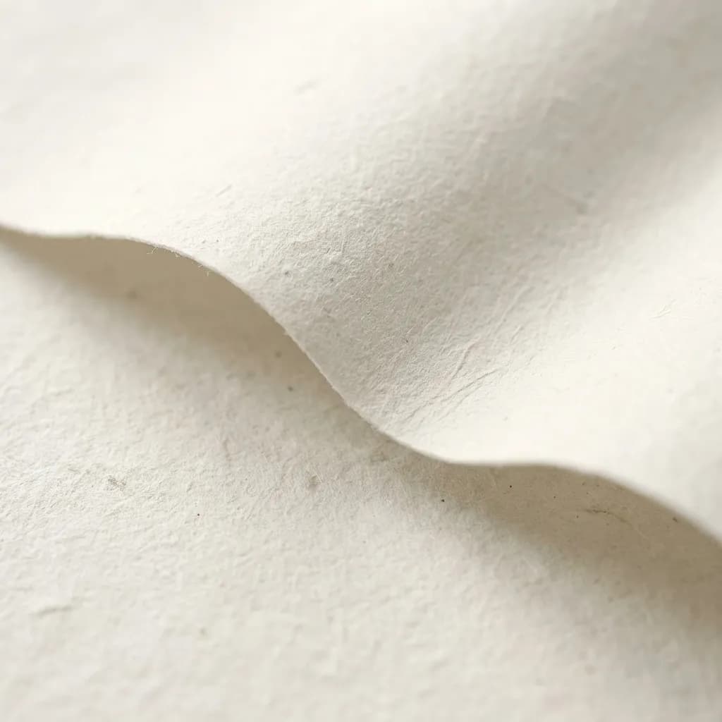 高品質なフォトリアリスティックなストックフォト。傷一つない滑らかなオフホワイトの手漉き紙の質感のマクロ写真で、ミニマリストな構図。被写体は、広大な無地の紙に占められており、優雅に、フレームを繊細に横切る一本の緩やかでなだらかな凹面曲線、または柔らかく有機的な波紋が特徴で、繊細な影を生み出し、ネガティブスペースを際立たせている。紙の繊維の複雑なディテール、微細な不規則性、そして表面の繊細で有機的な質感にシャープな焦点が合っており、微細な変化を明らかにしている。照明は、頭上からの柔らかく拡散された自然光で、強い線や白飛びしたハイライトを作ることなく、曲線のレリーフと紙の触感を強調する非常に繊細で細長い影を落としている。カラーパレットはモノクロームで、主に温かみのあるオフホワイトと繊細なクリームトーン、影にはデリケートなソフトグレーとベージュのアンダートーンがある。プロ用マクロレンズ(例:100mm f/2.8)を使用し、低ISOで撮影され、被写界深度を浅くすることで、質感をピンポイントで強調しつつ、奥に引く要素がある場合は柔らかな背景を維持している。清潔感があり、穏やかで、エレガントな雰囲気で、UnsplashやGetty Imagesにあるハイエンドな製品広告のようである。