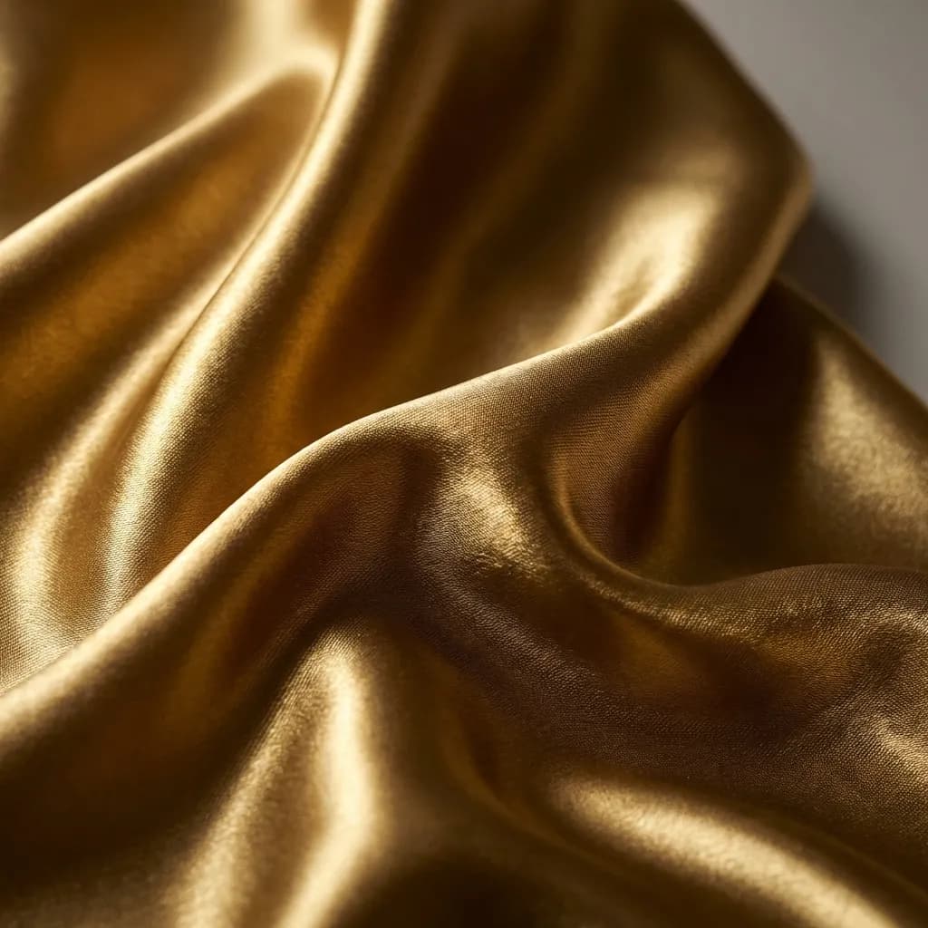 きらめく金色の生地が優雅に波打つ様子をクローズアップで捉えた一枚です。サテンやシルクのような光沢のある素材が、光と影の豊かなコントラストを生み出し、明るいハイライトが滑らかな表面の輝きを強調しつつ、深いブロンズ色が優雅な曲線に沿って温かみのある陰影を落とし、贅沢な柔らかさを表現しています。