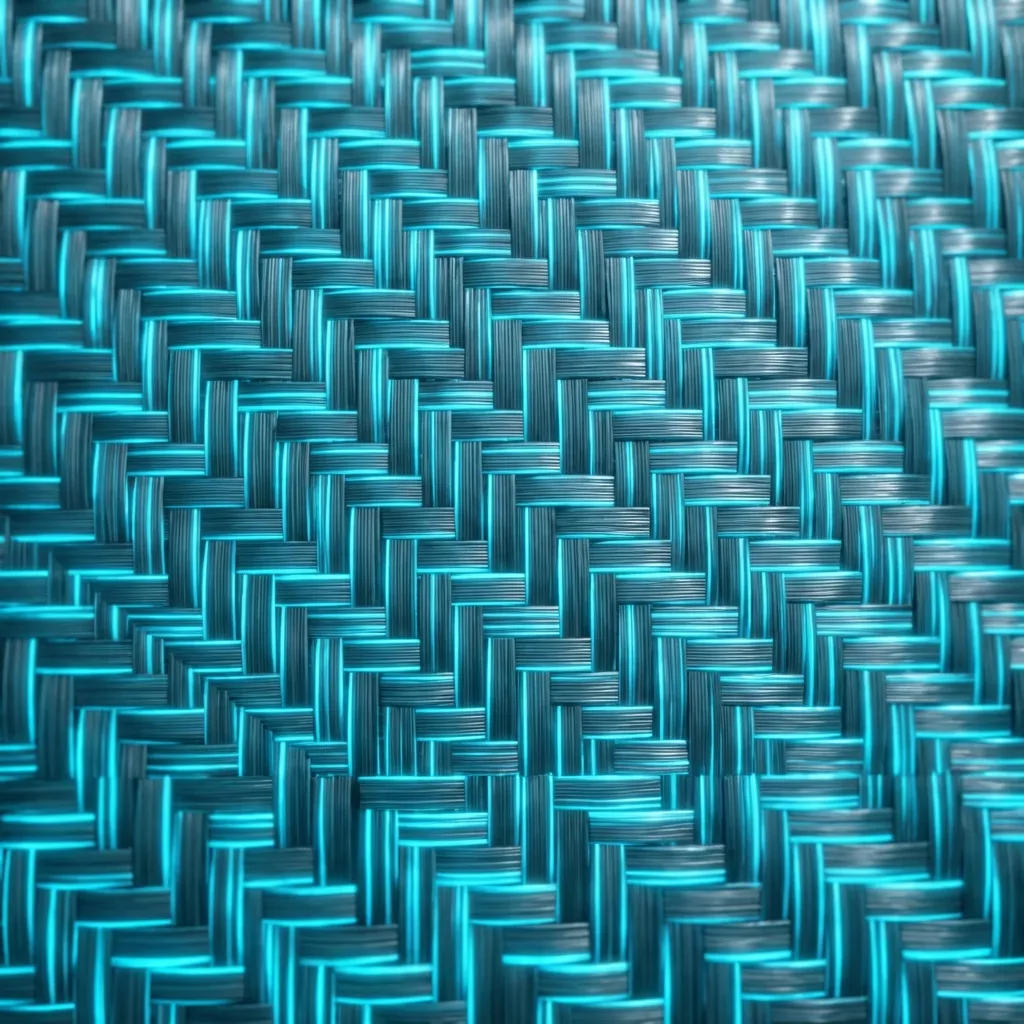この画像は、カーボンファイバーや合成繊維のような、きつく織られた未来的な素材の印象的なクローズアップを捉えています。鮮やかに発光するターコイズ色の線が、暗く繊細な質感のグレーブラックのストランドと交差し、現代技術と複雑なデザインを感じさせる魅力的な幾何学的なバスケット織りパターンを形成しています。暗い背景に映える鮮やかなティールの輝きが、エネルギッシュで洗練された美しさを生み出しています。