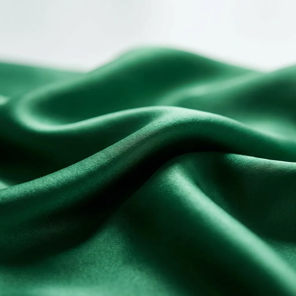 【写真】プロフェッショナルな商用ストックフォトグラフィー。流れるようなシルクのひだの超高解像度8Kマクロ写真。生地はエメラルドベルベット色に染められ、シルクが波打つ部分では驚くべき柔らかな光の吸収を見せ、贅沢な繊維の奥深さへと変化しています。柔らかく拡散された自然光が場面全体を照らし、穏やかなハイライトが流れる素材の複雑なテクスチャをなぞり、清潔でオーガニックな感覚を生み出しています。この超現実的な描写は、一本一本の糸とさざ波にシャープな焦点を合わせ、精巧なディテールを明らかにしています。構図はクリーンでミニマリストであり、歪みのない4Kテクスチャを際立たせています。Adobe StockやGetty Imagesの美的品質に触発された、ハイエンドなグラフィックデザインの背景に最適です。