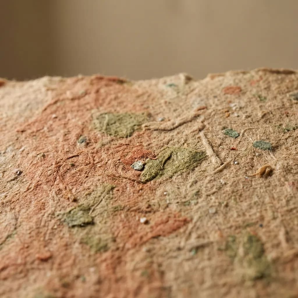 このクローズアップされたローアングルショットは、素朴な手漉きの紙、または有機繊維素材の豊かで粗い質感を際立たせています。土のような赤茶色とオリーブグリーンの斑点が明るい茶色の地肌に埋め込まれ、目に見える繊維や小さな不規則な断片が自然で触覚的な魅力を加えています。浅い被写界深度が複雑なディテールを強調し、その生々しく芸術的な品質を引き立てています。