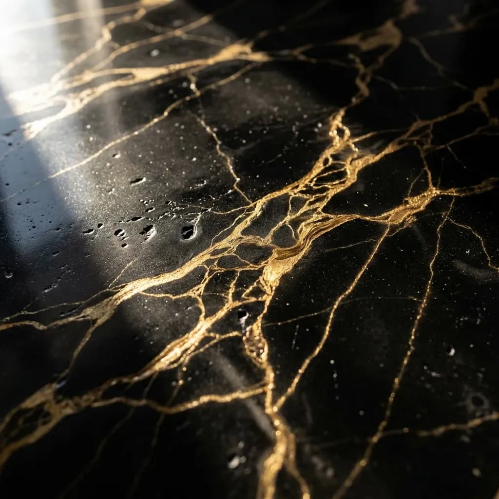 【写真】深く磨き上げられた黒曜石のような黒い大理石の継ぎ目のない表面をマクロ撮影。全体に優雅に蛇行する、複雑で有機的な金色の脈が際立って特徴的である。劇的なサイドライティングが質感に沿って差し込み、長く鋭い影を落とすことで、高い反射性を持つ石の立体的な奥行き、微細な凹凸、そして自然なうねりを深く強調している。強烈な光がきらめく金色の脈を鮮やかに捉えて反射し、冷たく暗い大理石との対比の中で、その真の金属的な光沢と温かみを明らかにし、微妙な立体感と不規則で豪華な配置を際立たせている。ハイパーリアル、シャープなフォーカス、緻密なディテール、8K、超高解像度、4Kテクスチャ、クリーンな構図、歪みなし。ハイエンドなグラフィックデザインの背景に適したプロフェッショナルな商用ストック写真。スタイルリファレンス:Adobe Stock、Getty Images、プロの建築写真。