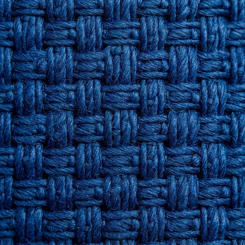 濃いインディゴブルーの織物のクローズアップマクロ写真で、その複雑な質感が際立っています。太く撚られた糸が、バスケット織りのようなパターンで丁寧に絡み合い、視覚的に豊かで触覚的な表面を作り出しています。光と影の微妙なコントラストが、この丈夫なテキスタイルの奥行きと立体感を強調しています。