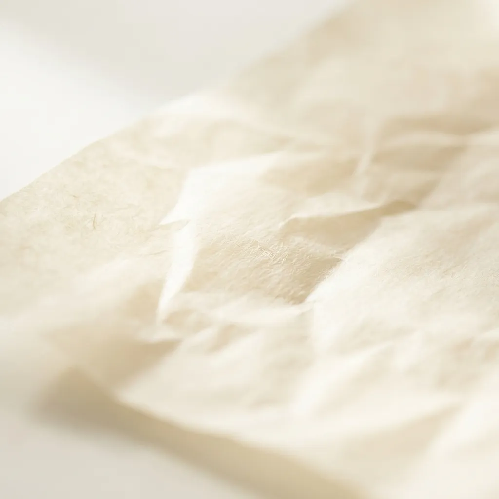 温かみのあるアイボリーの羊皮紙の、精巧で繊細なシワのある一枚をミニマリストな構図で捉えたマクロ写真。紙の繊維の複雑なディテールと微細な質感の変化がシャープなピントで捉えられ、表面の有機的な曲線と穏やかな起伏が強調されている。折り目に沿って光と影が相互に作用し、繊細で抽象的なパターンを形成している。構図はすっきりと整理されており、わずかにぼかされた明るい背景には十分な余白があり、紙の質感が主要な被写体として際立っている。照明は左から差し込む柔らかく拡散した自然光で、きつさのない穏やかで細長い影が奥行きと立体感を高め、隆起した部分には柔らかなハイライトが当たっている。画像はハイキーで、明るく、風通しの良い雰囲気を持つ。単焦点マクロレンズで撮影され、浅い被写界深度とクリーミーなボケ味が表現されている。商用利用に適した高品質なフォトリアリスティックなストック写真。クリーンでプロフェッショナル、UnsplashやGetty Imagesのような美的感覚。