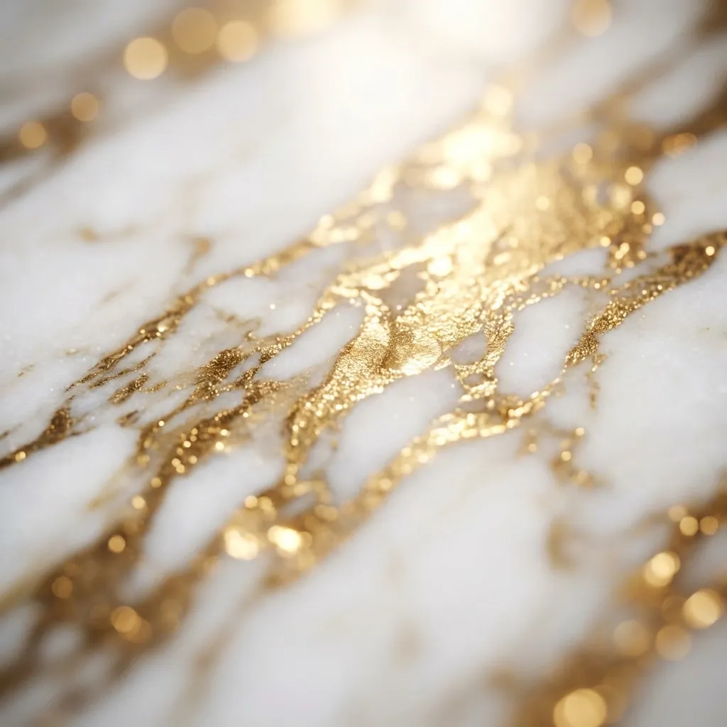 純粋な白い大理石にきらめく豊かな金色の脈が交錯する、贅沢な質感をクローズアップした一枚です。まるで溶けた金や貴重な鉱物が流れているかのようなきらびやかな金色の筋が、滑らかで清らかな白い背景に見事に映え、優雅で洗練された輝かしい豪華さを感じさせる抽象的な構図です。
