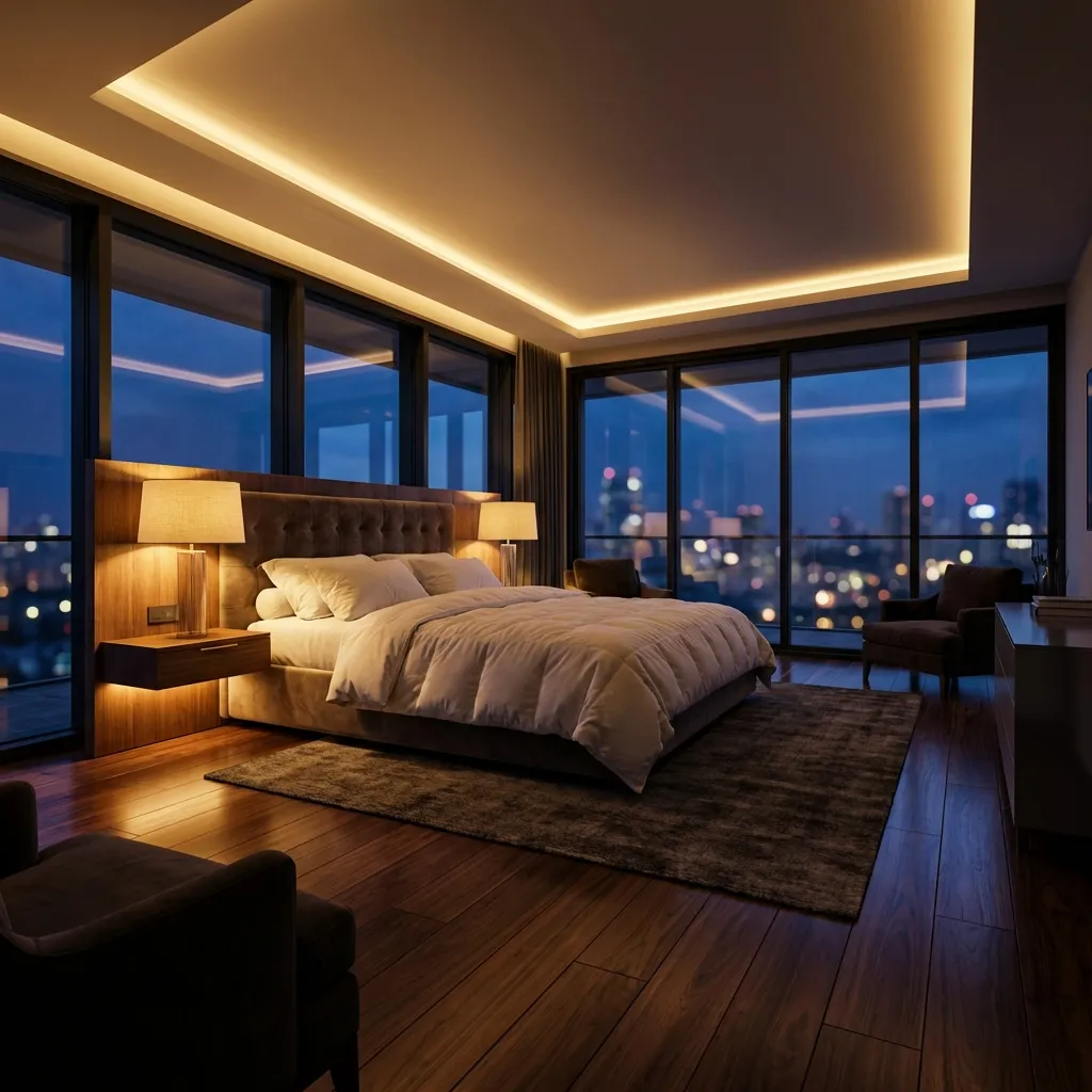 「建築」Unreal Engine 5のシネマティックなArchVizスタイルでレンダリングされた、夜の豪華なホテルの一室を広角レンズで捉えた画像。インテリアデザイン誌やArchitectural Digestの特集に最適な一枚です。広々とした室内には、豪華で柔らかな布張りのヘッドボードを備えた壮大なキングサイズベッドと、完璧に整えられた白いリネンが配置されています。広大なフロアから天井までの窓からは、息をのむような夜のシティスカイラインが広がり、アウトフォーカスされたボケの光が幻想的な素晴らしい背景を演出しています。洗練されたベッドサイドランプと隠されたコーブ照明から放たれる居心地の良い暖かな人工照明が部屋を満たし、その穏やかな光は磨き上げられた濃い色の堅木張りの床に繊細に反射し、家具の豊かな質感を際立たせています。ドラマティックな影が巧みに配置され、空間に奥行きと贅沢さを与えています。雰囲気は親密で、特別な空間を演出しています。これは、V-Ray品質の非常に詳細な8Kフォトリアルレンダリングであり、人物は写っていません。
