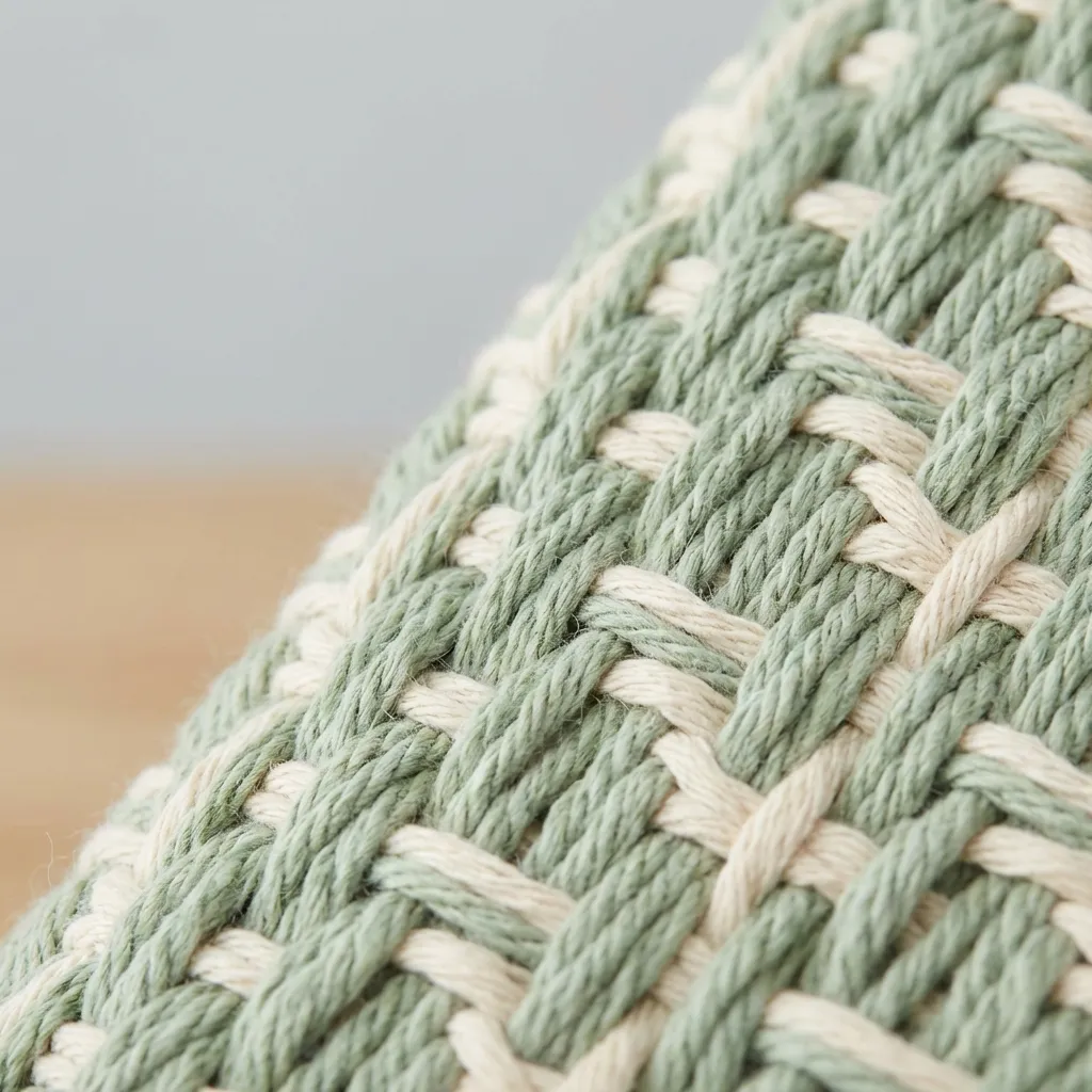 落ち着いたセージグリーンとクリーミーなベージュの太い紐が丁寧に織り込まれた生地の、複雑な質感をクローズアップで捉えた写真です。丈夫な繊維が特徴的なバスケット織りで巧みに組み合わされ、背景が柔らかくぼかされた中で、触感豊かなオーガニックな雰囲気を醸し出しています。