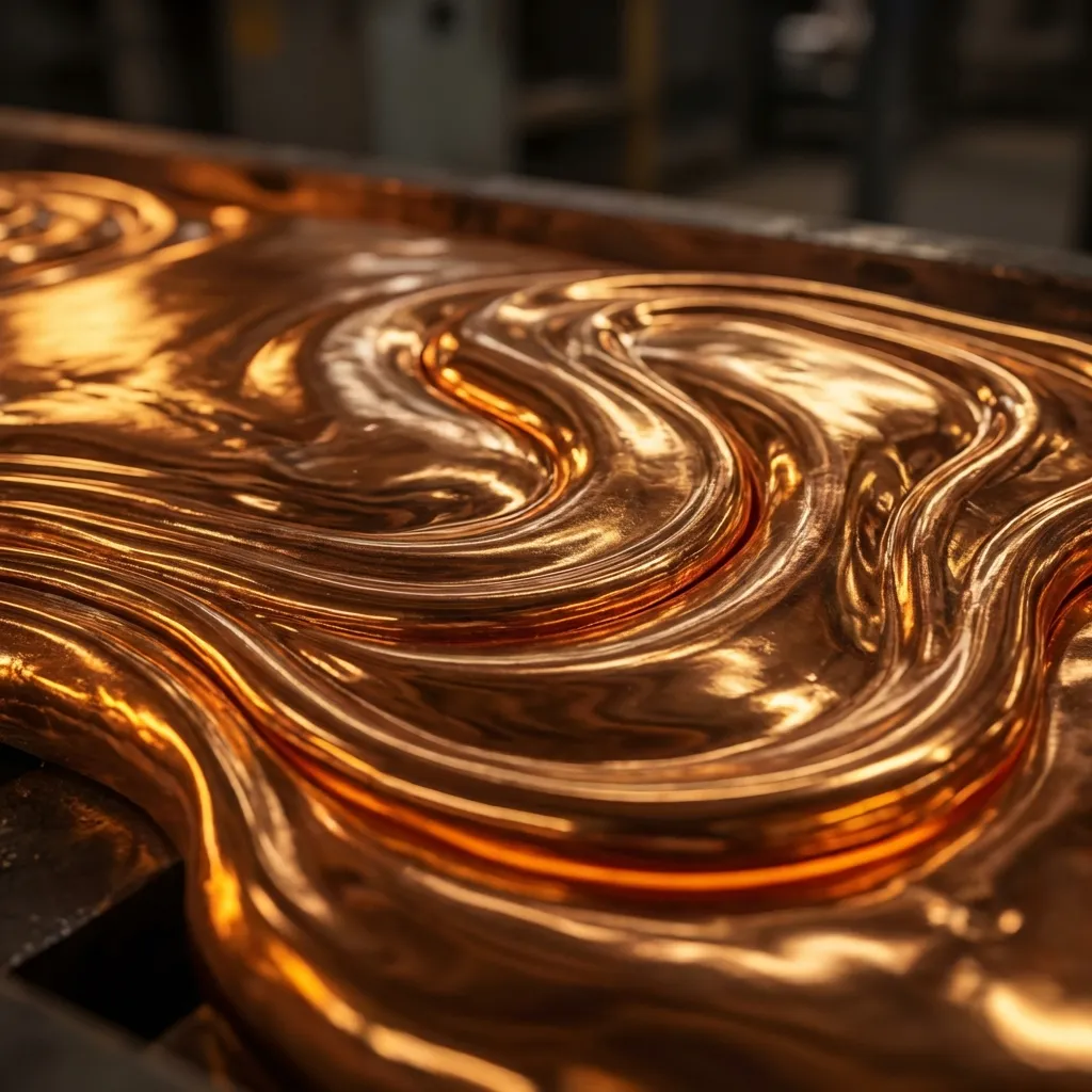 リッチで輝く銅の表面が、ダイナミックで流れるような波状に美しく彫刻された見事なクローズアップショットです。高度に研磨された、あるいは溶融したような素材の状態が、波打つ形状全体にわたって鮮やかな反射と深い影を生み出し、光沢のある金色のオレンジのハイライトから温かみのある赤褐色の深みまで、多彩な色合いを見せています。この豪華な金属の質感は、優雅さと力強い動きの両方を感じさせ、抽象芸術作品や工業デザインにも適しています。