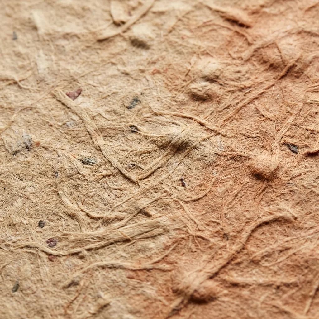 手漉き紙か天然繊維素材の粗く触感豊かな表面をクローズアップで捉えた詳細な画像です。ベージュや淡い茶色の繊維が複雑に絡み合い、温かみのある赤茶色のニュアンスや小さな濃色の斑点が混じることで、素朴で職人的な質感が際立っています。この有機的な質感は、自然で心地よい雰囲気を醸し出しています。