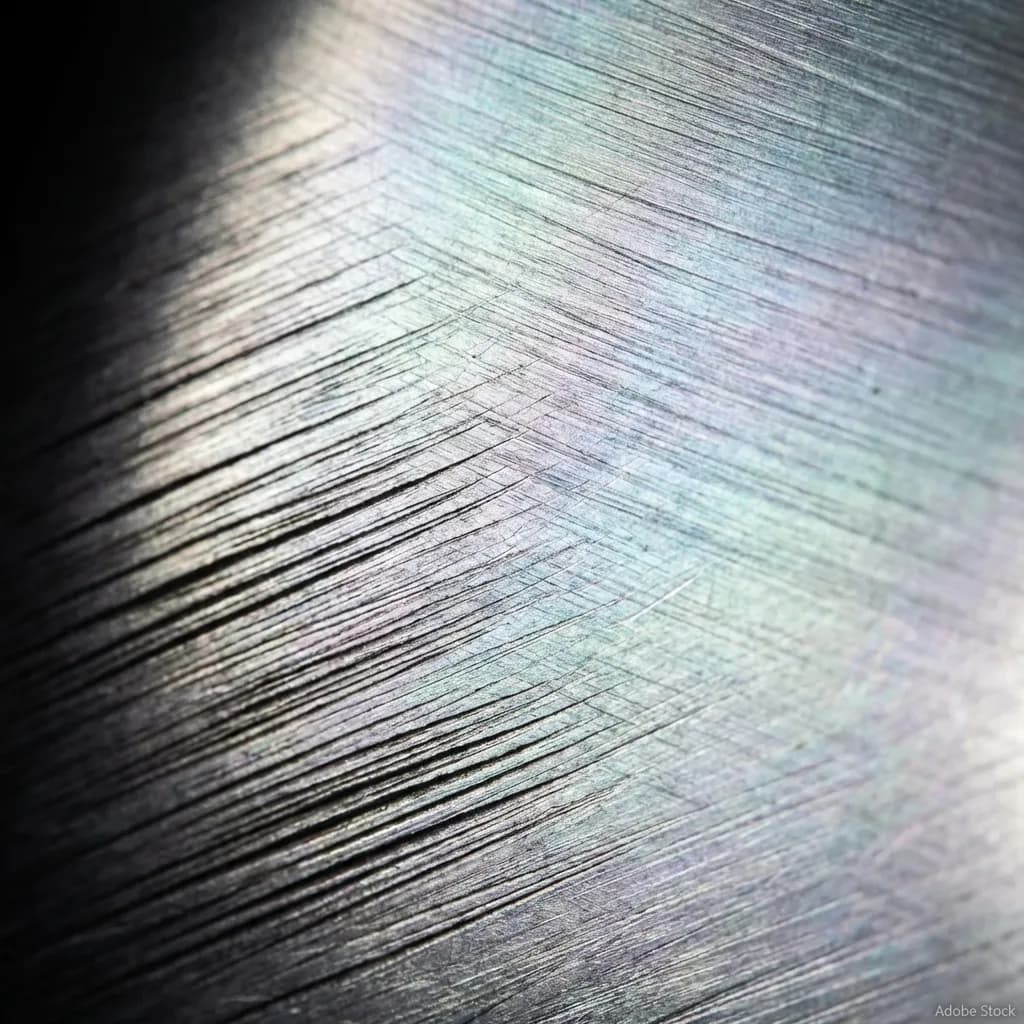 このクローズアップされた抽象的な画像は、ブラシ加工された金属表面を特徴とし、明確な平行な傷跡が斜めに走っています。左上からの強い光源がテクスチャを照らし、深い影から明るく反射する領域へのグラデーションを作り出しています。クールなメタリックトーンの中に、青、緑、紫の微妙な玉虫色の色合いが浮かび上がり、工業的な美学と複雑な表面のディテールを強調しています。