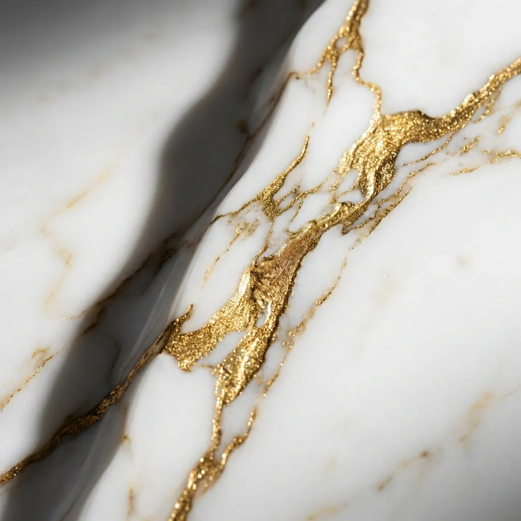 白い大理石の表面をクローズアップした画像で、ドラマチックで質感豊かな金色の脈が輝いています。溶けた金属や金継ぎを思わせる豪華な金色の模様は、滑らかな白い石と美しいコントラストをなし、優雅な影が奥行きを加えて、非常に贅沢で芸術的な雰囲気を醸し出しています。