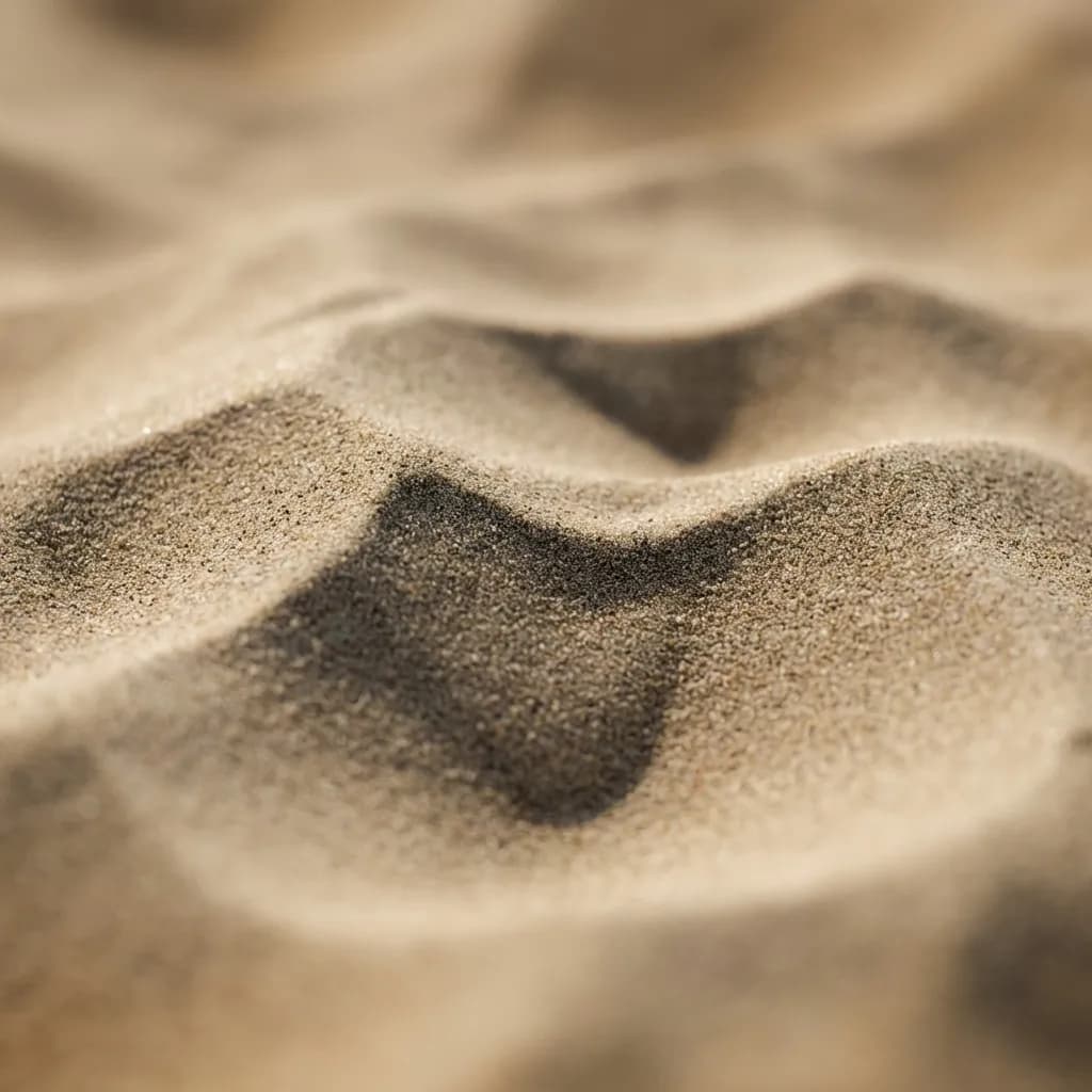 プロフェッショナルな商業ストック写真。複雑な砂の波紋にミニマルなマクロフォーカスを当てており、そのテクスチャは砂色のベージュのカラーパレットが支配的です。柔らかくアースカラーの色合いは、柔らかく拡散された自然光を吸収・拡散し、表面の繊細で、まるで地形のような起伏を明らかにしています。砂色のベージュの個々の粒は超リアルでシャープに焦点を合わせられ、波紋の谷間に微細な影を作り出しています。構図は浅い被写界深度を特徴とし、角には優しいボケ効果が見られ、細かく詳細な中央のテクスチャに注目を集めます。この超高解像度の8K画像は、複雑なディテールとクリーンな構図を誇り、ハイエンドなグラフィックデザインの背景に最適です。マクロ撮影、歪みなし、4Kテクスチャ。Adobe StockやGetty Imagesの建築写真のようなスタイルです。