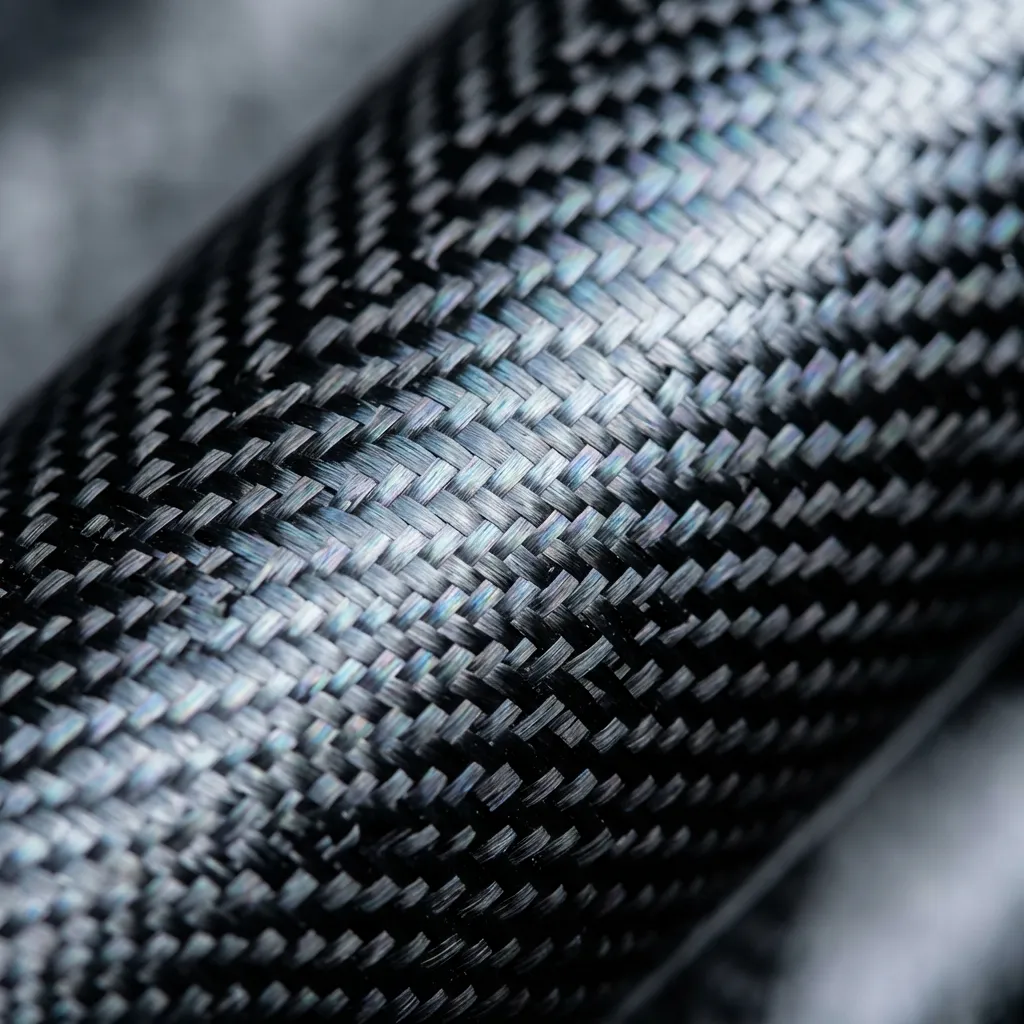 円筒状の物体を覆うように編み込まれた黒いカーボンファイバーの精緻な質感を捉えた高解像度クローズアップ写真です。素材の斜めに走る織り目には、光の当たり具合によって青、紫、緑といった微細な玉虫色の輝きが見られ、モダンで力強いハイテクな雰囲気を醸し出しています。