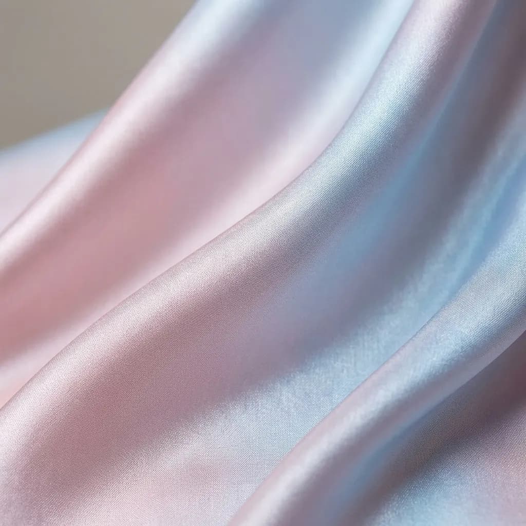 優雅にドレープされた生地のクローズアップで、繊細なパステルピンクから穏やかなライトブルーへと美しいグラデーションが広がっています。おそらくシルクかサテンと思われる光沢のある素材は、真珠のような輝きを放ち、柔らかな波紋と影がその滑らかな質感と優雅な流れを際立たせています。光と微妙な色彩の変化が織りなす、静かで洗練された美しさを感じさせる一枚です。