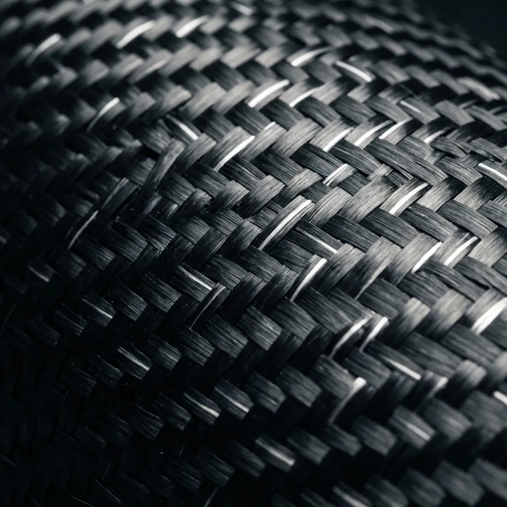 【写真】プロフェッショナルな商業用ストック写真。超高解像度、8K、ハイパーリアル、シャープなフォーカス、精緻なディテール。モノクロームの深いチャコールグレーと鮮やかな白のカラーパレットで表現された、ハイテクなカーボンファイバー表面のクローズアップマクロ写真。ドラマチックなサイドライティングが素材を横切り、緻密に織り込まれた繊維とカーボンファイバー織りの特徴的な幾何学模様を深く強調している。深いチャコールグレーの繊維はマットな質感で光を吸収し、テクスチャの深さを際立たせる豊かで深遠な影を作り出している。一方、光が当たる部分の鮮やかな白い反射は、個々の繊維の正確な輪郭と引張強度を強調し、クリーンな構造的完全性を示している。クリーンな構図、歪みなし。4Kテクスチャ、ハイエンドなグラフィックデザインの背景に最適。スタイル参考:Adobe Stock、Getty Images、プロの建築写真。