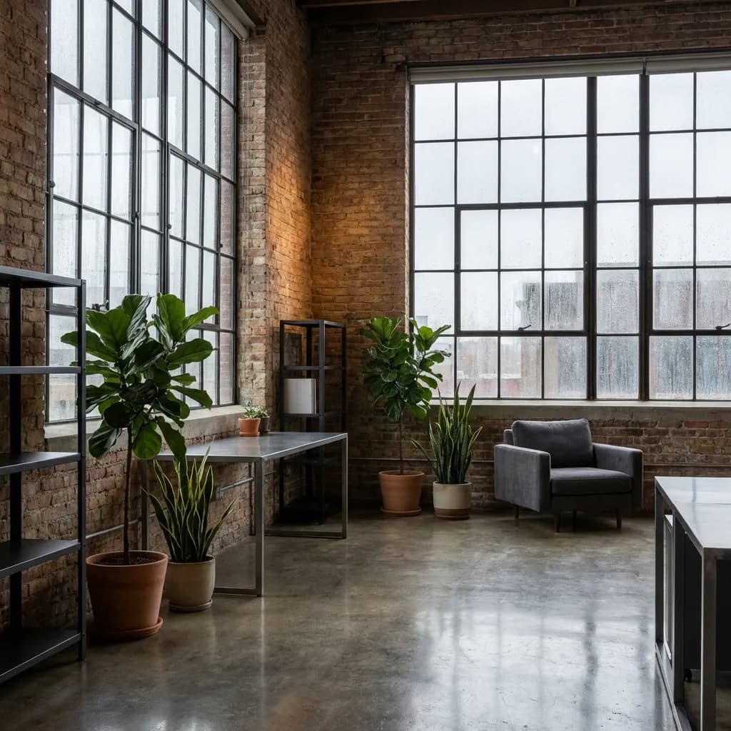 建築。広角レンズで捉えられた、雨の日のインダストリアルロフトオフィス。大きな工場スタイルの窓が空間を支配し、美しい雨粒の模様で覆われ、差し込む柔らかな光を室内に拡散させている。拡散された光は、むき出しのレンガ壁の粗く、質感のある表面を優しく照らし、その素朴な色合いと個性を際立たせている。磨かれたコンクリートの床は、曇り空の落ち着いた光を反射し、床の広がりを際立たせる繊細な光沢を生み出している。デスクや棚を含む洗練された金属製の家具は、柔らかな光を捉え、レンガの暖かさとは対照的な滑らかでクールな質感を見せている。豊かな緑の植物が戦略的に配置され、その葉は拡散された日中の光の下でわずかに輝いている。柔らかな布張りの快適な椅子が魅力的な場所を提供し、その質感が周囲の光を吸収している。空間に人はおらず、建築の細部と静謐な雰囲気を強調している。この画像は、インテリアデザイン雑誌の見開きページや、Architectural Digestスタイルにふさわしい、気分を誘い瞑想的なシーンを捉えており、8Kで、高精細、フォトリアル、Unreal Engine 5レンダー、V-Rayでレンダリングされている。