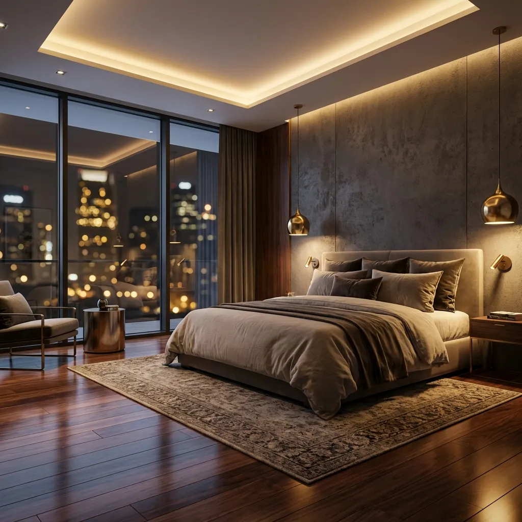 この豪華でモダンな寝室は、温かみのあるニュートラルカラーの寝具が整えられた大きなベッドが特徴で、スタイリッシュなコンクリートのアクセントウォールを背景にしています。床から天井までの窓からは、夜景の美しい街並みが広がり、柔らかなボケライトが穏やかな雰囲気を添えています。天井のコーブ照明、真鍮のペンダントランプ、ベッドサイドの壁付け照明が温かい光を放ち、ダークウッドの床と柄物のラグを照らし出し、都会的で洗練された快適な空間を演出しています。