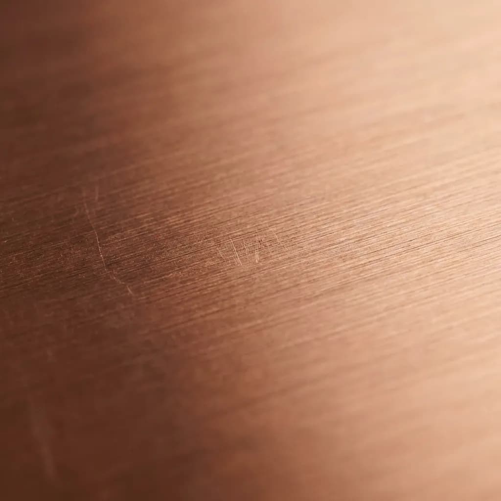細かくブラッシュ加工され、バーニッシュ仕上げの銅ブロンズが特徴の金属表面を捉えた、ミニマリストなマクロ写真です。温かみのある赤褐色の色調が金属全体に染み渡り、豊かで魅力的な奥行きを生み出しています。一方、柔らかく手磨きされたメタリックな輝きは、細かく平行なブラッシュストロークに沿って光を捉えています。ブロンズの光沢における繊細な差異が、ブラッシュ加工された質感の複雑なディテールを際立たせ、溝の中にハイコントラストな奥行きを明らかにしています。この超高解像度8K画像は、小さな領域にシャープに焦点を当て、歪みのないハイパーリアルな4Kテクスチャを強調し、クリーンで手付かずの構図を作り出しています。プロフェッショナルな商業用ストックフォトや、ハイエンドなグラフィックデザインの背景に最適です。Adobe Stock、Getty Images風のスタイル。