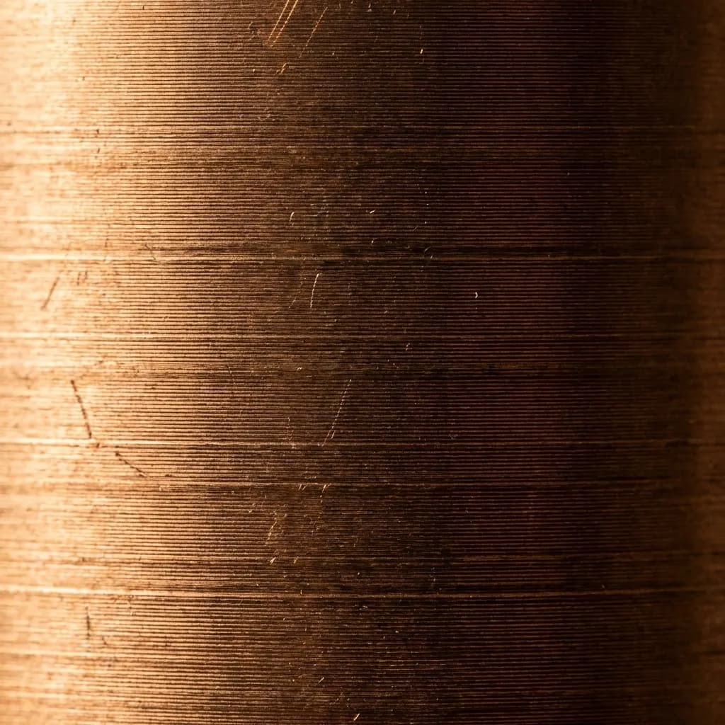 温かみのある銅色とブロンズ色が際立つ、ブラシ加工された金属表面の豊かな質感を捉えたマクロ写真です。細い水平の溝が画面全体に走り、左からの光によって明るい金色のハイライトから右側の深い影のある茶色へと劇的なグラデーションが生まれています。微細な傷や欠陥が、この抽象的な構図に歴史と素朴な趣を与えています。