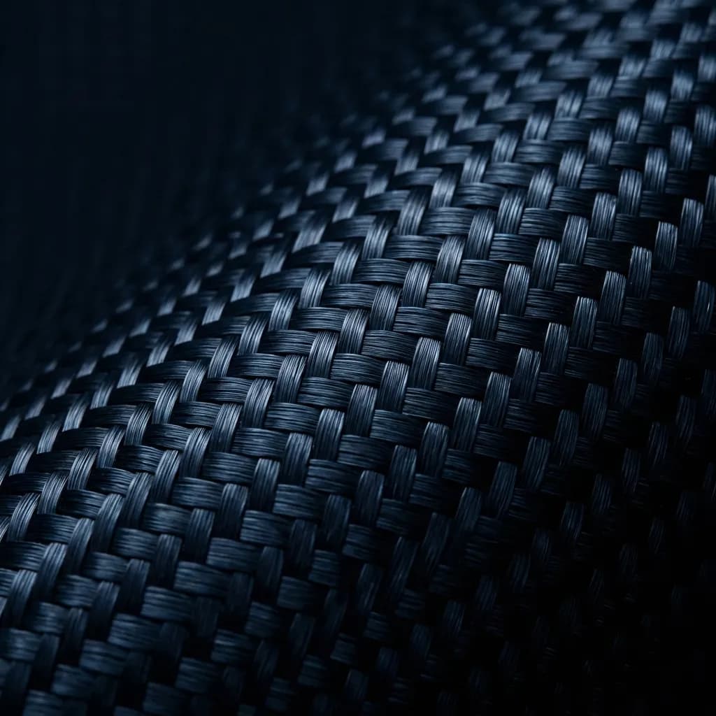 深い炭色のカーボンファイバーの緻密な平織りパターンを捉えたマクロショットです。ドラマチックな照明が繊維の一本一本を際立たせ、その独特の質感と微妙な光沢が、洗練されたハイテクな美しさを醸し出しています。