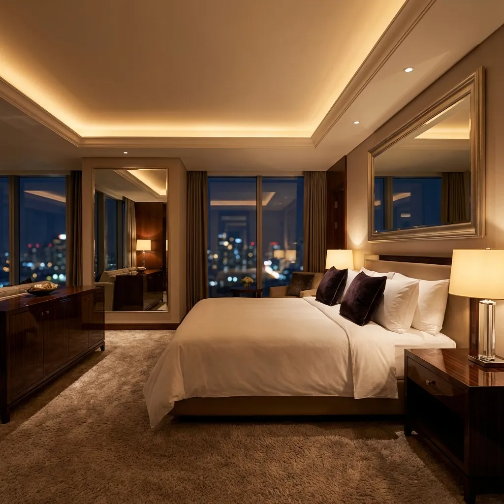豪華でモダンなホテルの寝室を夜景とともに捉えた画像です。手前には清潔な白いリネンと濃色のアクセントピローが整えられた大きなベッドがあり、両脇のテーブルランプが柔らかな金色の光を放ち、温かく落ち着いた雰囲気を醸し出しています。窓の外には光がぼやけた美しい都会の夜景が広がり、室内の暖色系のブラウンやクリーム色、間接照明が織りなす洗練された空間を際立たせています。