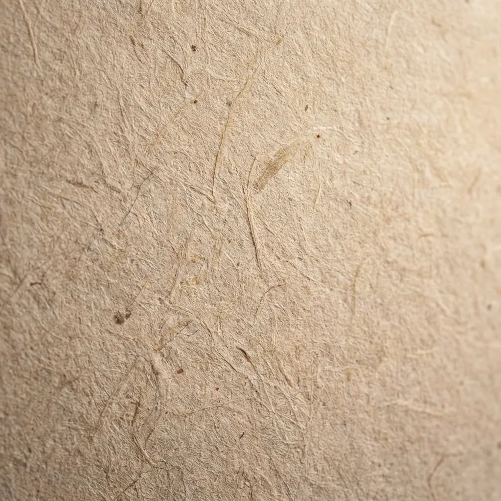 【写真】プロフェッショナル商業用ストック写真。超高解像度、8K、非常に詳細なテクスチャ、クリーンな構図で、ハイエンドのグラフィックデザイン背景に適しています。抽象的な手作りのリサイクル紙のテクスチャのマクロ写真。無漂白繊維内の自然な砂色ベージュトーンが繊細で温かみのあるグラデーションを生み出し、柔らかく拡散した自然光を反射して、清潔でオーガニックな雰囲気を醸し出しています。繊維状の表面の複雑なディテールにシャープに焦点を当てたハイパーリアルな表現で、微細な不完全さやユニークな有機的なパターンが明らかになっています。歪みなし。4Kテクスチャ。スタイル参照:Adobe Stock、Getty Images、プロの建築写真。