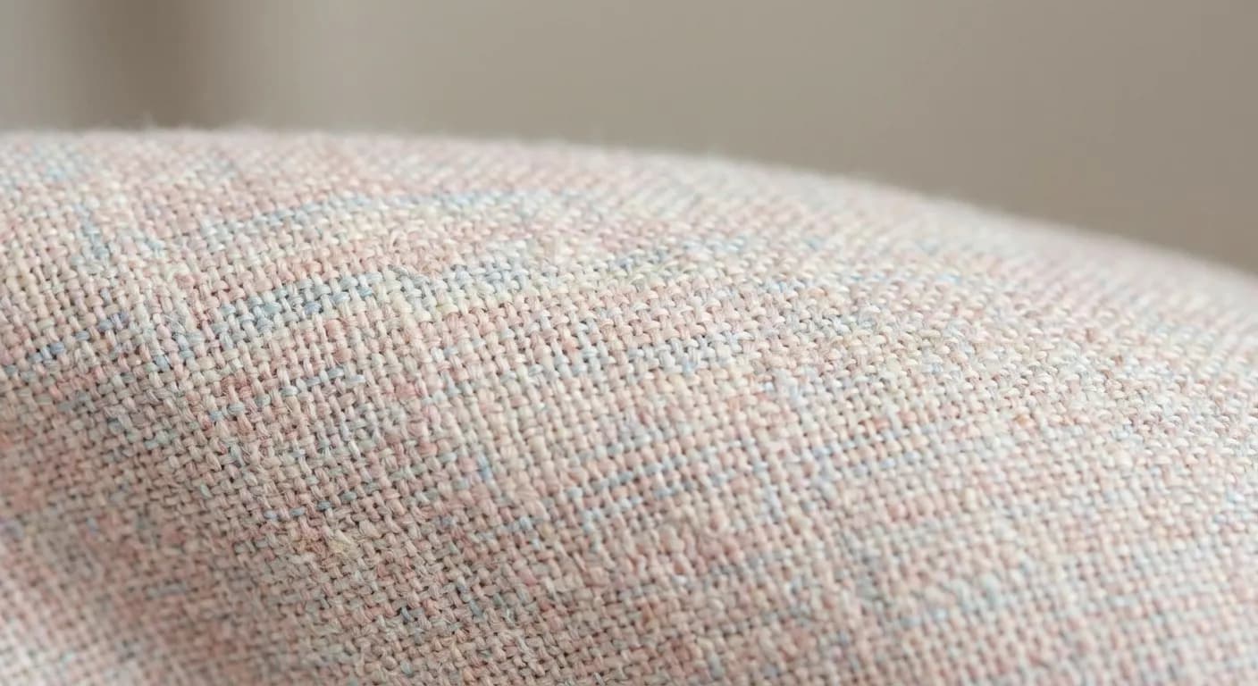 淡いピンク、水色、そしてクリーム色の糸が複雑に織り込まれた、テクスチャーのある生地のクローズアップ写真です。ざっくりとした手触りながらも優しい印象のこの布地は、クッションや家具の張地の一部のように見え、暖かく自然な雰囲気を醸し出しています。浅い被写界深度が、その触感と表面の繊細な色の変化を際立たせています。