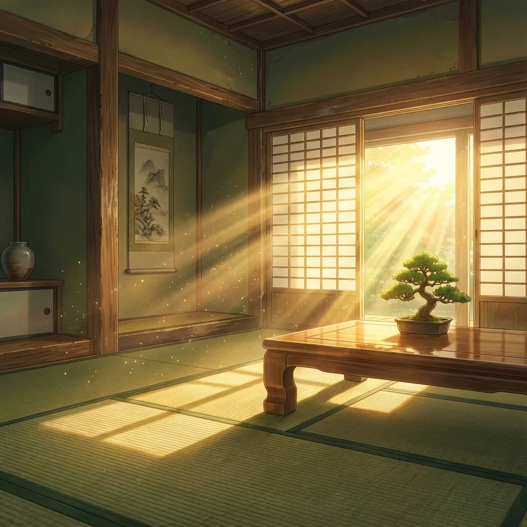障子から差し込む温かい金色の光が印象的な、アニメ調の伝統的な和室のイラストです。空気中に舞う埃の粒子が幻想的な雰囲気を醸し出し、静かで穏やかな空間を作り出しています。磨かれた木製のテーブルには精巧な盆栽が置かれ、緑の畳や木の温もりある内装が心地よい印象を与えます。