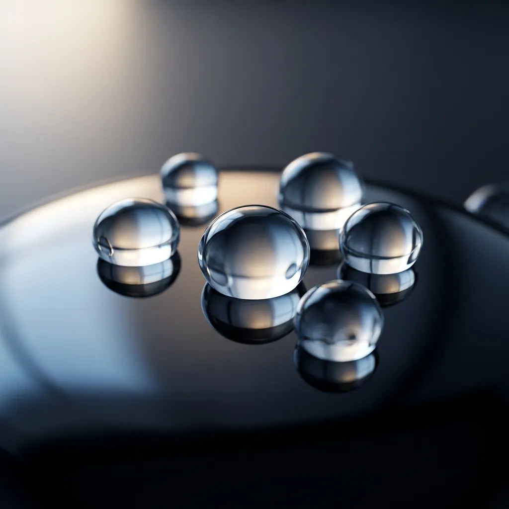 滑らかで暗く磨かれた黒曜石の表面に、さまざまなサイズの、手つかずで完璧な球形の水滴が丹念に配置されている様子を捉えた、息をのむような**マクロ写真**のイメージ。**ミニマリストな構図**により、厳選された少数の水滴が意図的にオフセンターに配置され、豊かなネガティブスペースを活用して、見る人の目を水滴の形へと直接引き付けている。ハイキーなサイドアングルから発せられる柔らかく拡散されたスタジオ照明がシーン全体を包み込み、各水滴の三次元的な純粋さを際立たせる、繊細で優雅なハイライトとシャドウを生み出している。穏やかで温かいバックライトが微妙なハロー効果をもたらし、水滴の半透明な輪郭を強調し、内部の屈折を明らかにしている。**シャープな焦点**は中央の水滴に正確に合わせられ、その表面張力、微細な歪み、そして内部で拡大された反射といった**複雑なディテール**を鮮やかに示している。被写界深度は浅く、前景と背景は滑らかで邪魔にならないボケ味となり、画像全体を清潔で整然とした状態に保っている。UnsplashやGetty Imagesで見られるプレミアムな画像に似た美学を持つ、高品質なフォトリアルなストックフォト。色調は洗練されたクールなパレットで、石の深い黒と灰色が支配的であり、水と屈折光のクリスタルクリアな白と繊細な青が脇を固めている。超高解像度で、完璧なまでに手つかずで、いかなる邪魔な要素もなく、静謐な科学的美しさと抽象的な純粋さの感覚を伝えている。