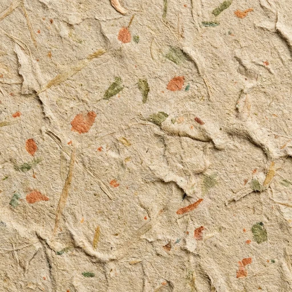 この画像は、素朴でオーガニックな質感を持つ、手漉きの紙の接写です。温かみのある薄茶色やベージュが基調となっており、長く伸びた繊維や意図的なしわが深く刻まれ、荒々しい表面を形成しています。紙全体には、不規則な形状のくすんだオレンジ色や濃い緑色の小さな斑点が散りばめられており、その自然で土のような風合いと職人技の魅力を際立たせています。