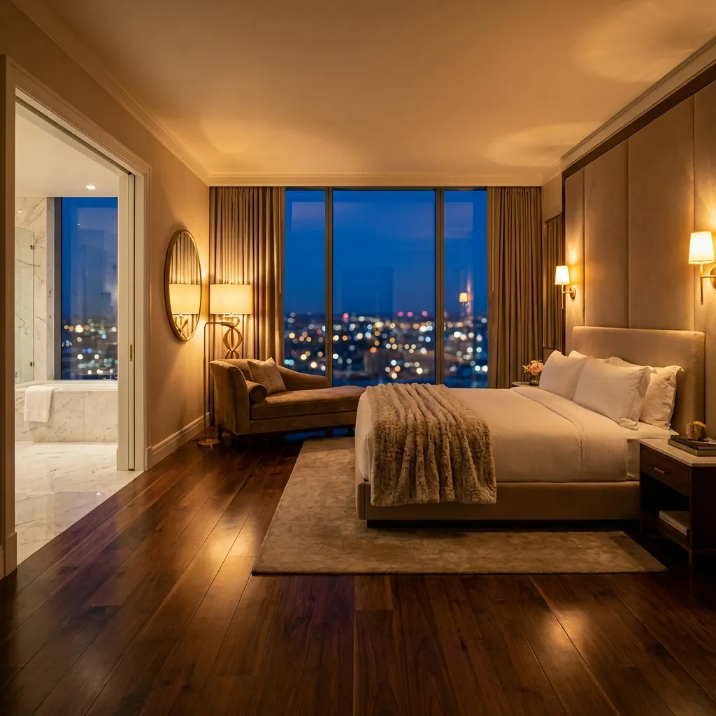 夜景が広がる窓際に位置する、温かい間接照明が灯る豪華なホテルの一室です。白いリネンと柔らかなフェイクファーのスローがかけられたキングサイズベッドが中央にあり、窓際にはスタイリッシュな長椅子が配されています。深い色の木製フローリングと大理石のバスルームが隣接し、洗練された居心地の良い空間を演出しています。