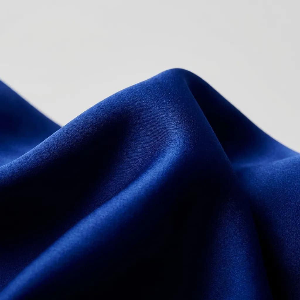 鮮やかなロイヤルブルーの生地が優雅にドレープをなし、その滑らかな光沢が際立つクローズアップ写真です。光の当たり具合により、布のしわや折り目の濃淡が美しく表現され、深みのある色彩が贅沢な雰囲気を醸し出しています。背景の柔らかな白とのコントラストが、生地の豊かな色合いを一層引き立てています。
