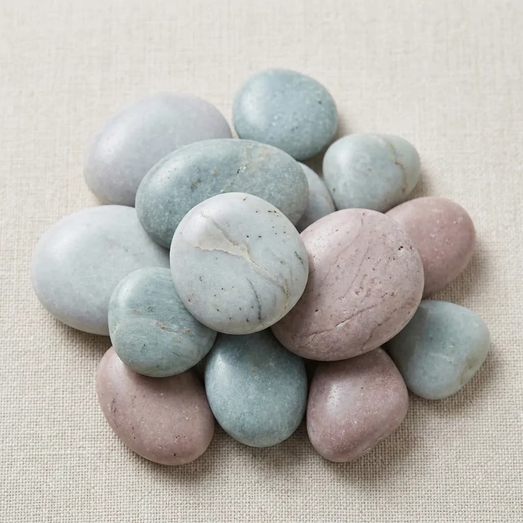 淡いベージュのテクスチャード加工された布地の上に、滑らかな自然石が穏やかに積み重ねられています。石は、ライトグレー、淡い青緑、ダスティピンクといった柔らかく落ち着いた色合いで、中には繊細な筋模様が見られます。このミニマルな構図は、穏やかで静謐な雰囲気を醸し出し、リラックスや自然な装飾に最適です。